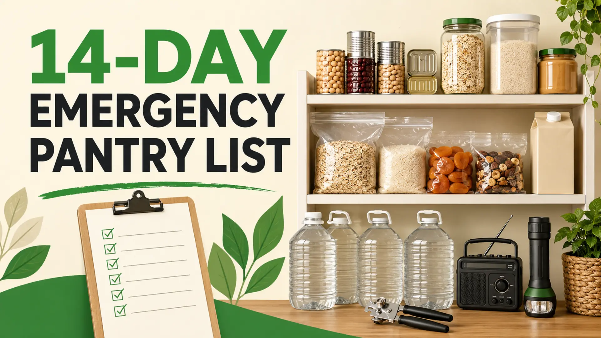 14-day emergency pantry list with water, shelf-stable foods, manual can opener, radio and flashlight
