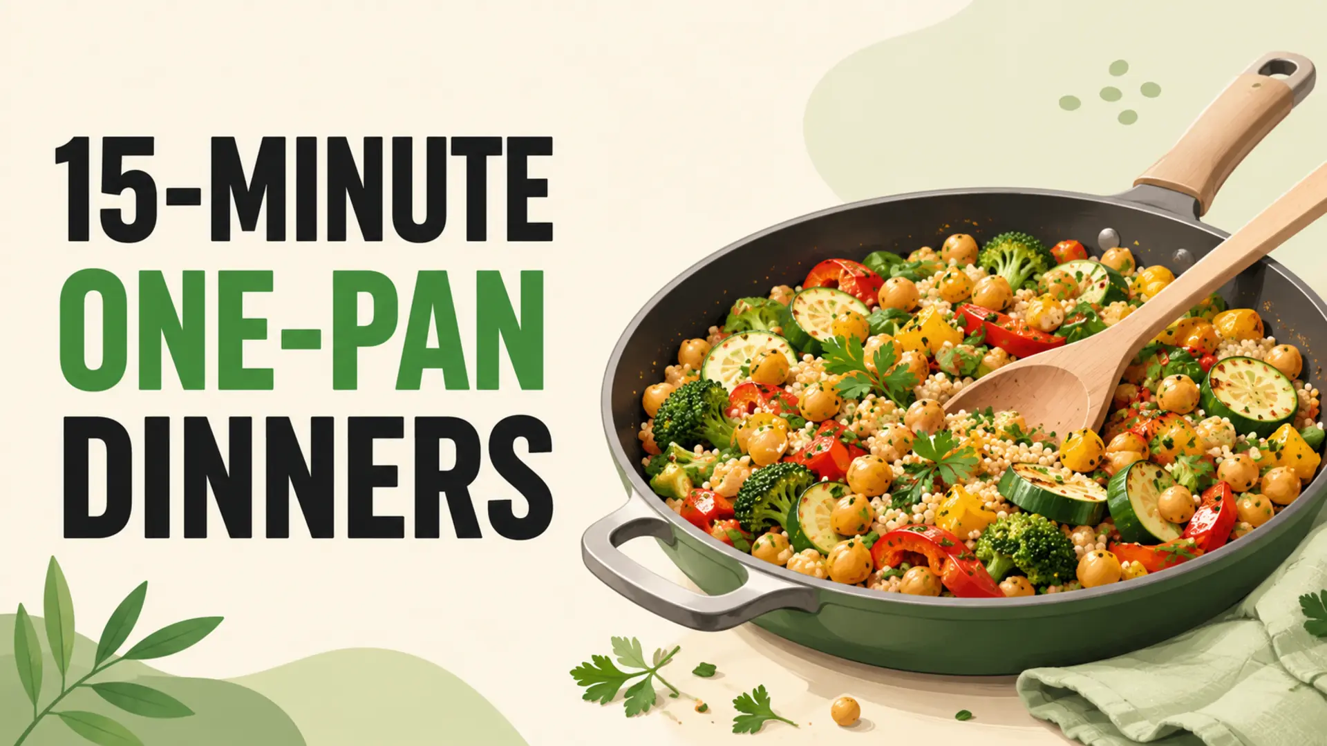 Illustrated skillet with vegetables, chickpeas and grains for 15-minute one-pan dinners
