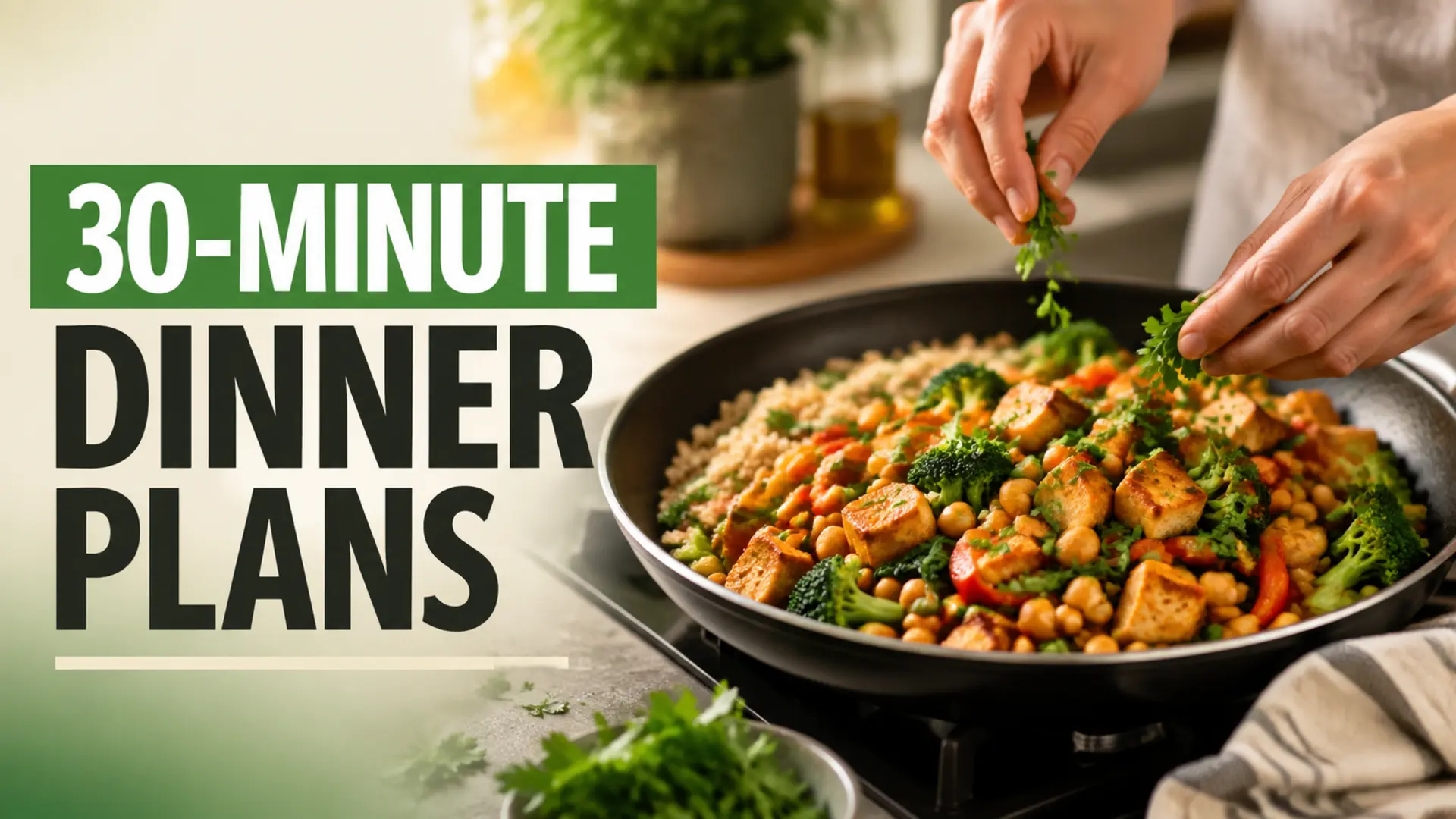 Skillet with vegetables, tofu and chickpeas for flexible 30-minute dinner plans