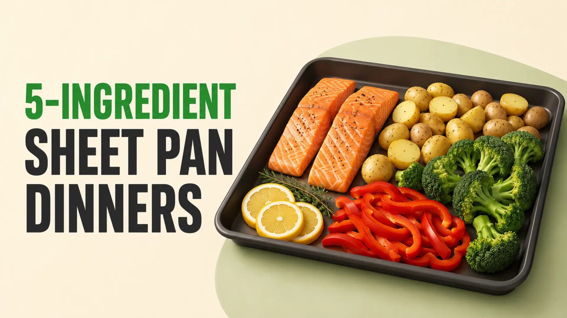 Salmon, potatoes, broccoli and peppers arranged for 5-ingredient sheet pan dinners