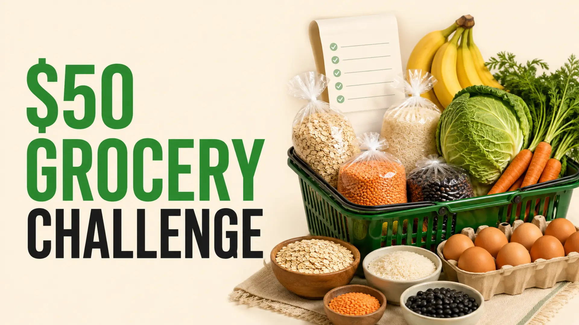 $50-a-week grocery challenge basket with oats, rice, lentils, beans, eggs, bananas and vegetables