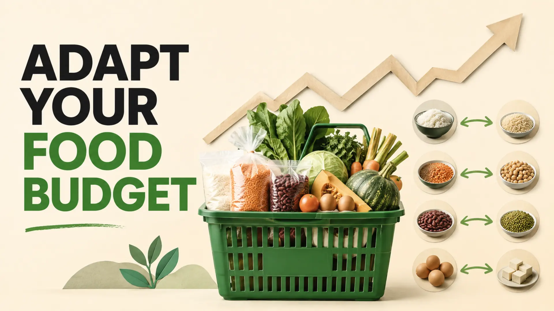 Food budget adaptation with a grocery basket of rice, lentils, beans, eggs and seasonal vegetables beside flexible ingredient swaps
