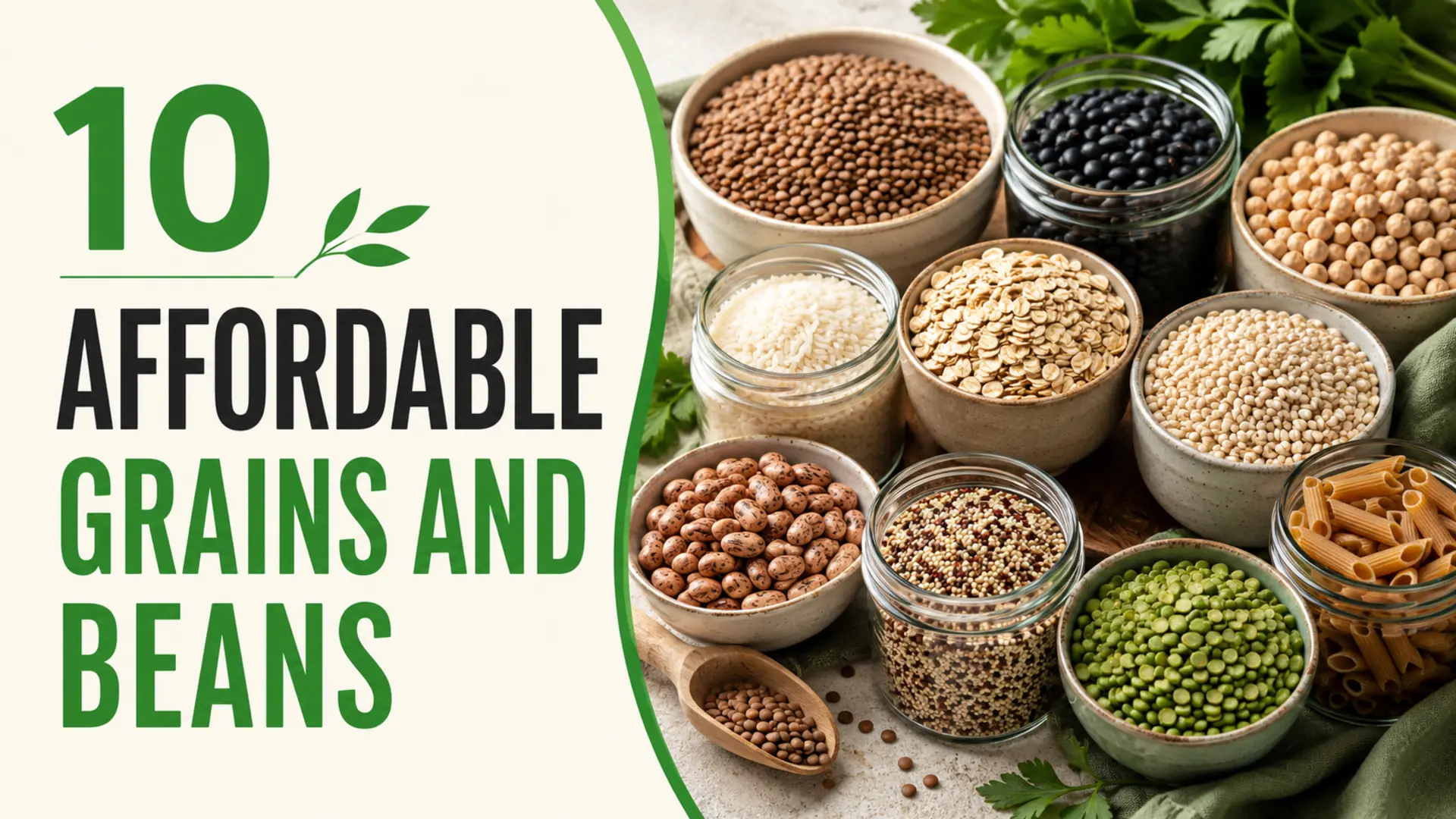 Ten affordable grains and beans including lentils, chickpeas, rice, oats, barley, quinoa and split peas