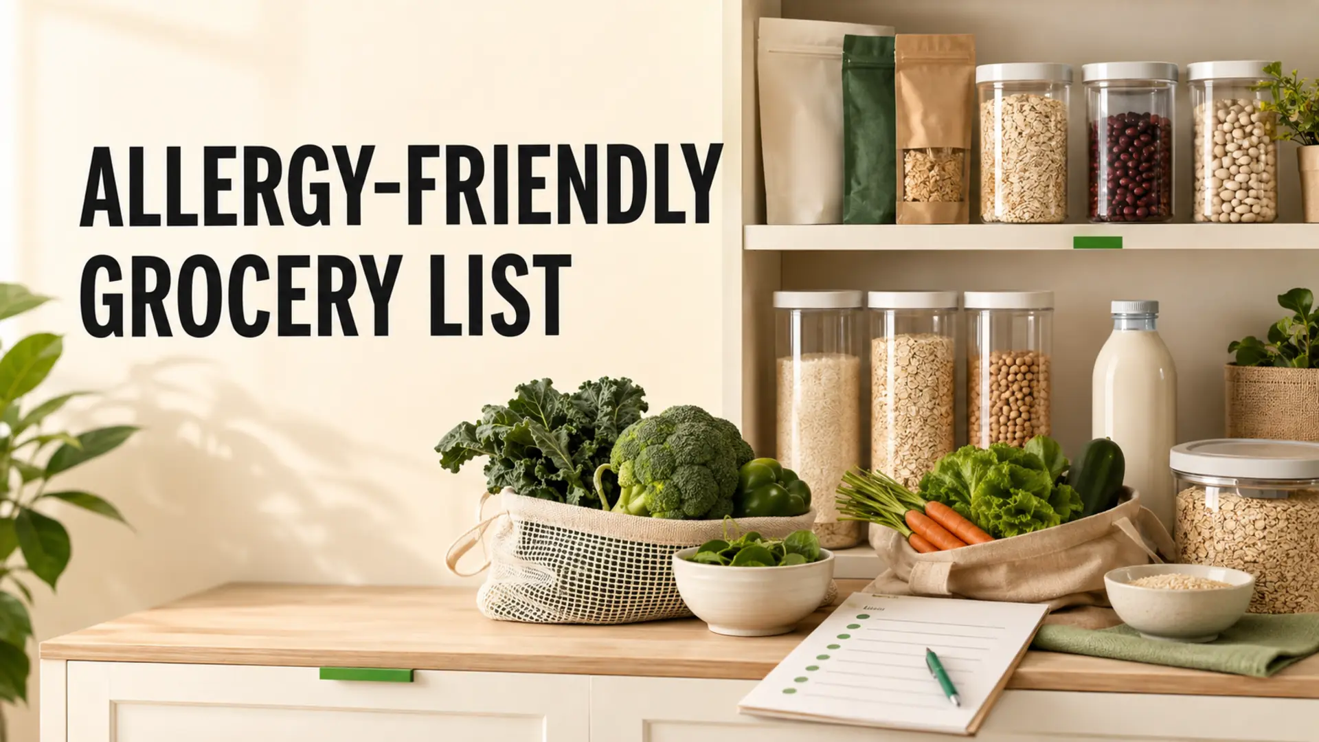 Allergy-friendly grocery list beside separated pantry staples, sealed containers and fresh vegetables