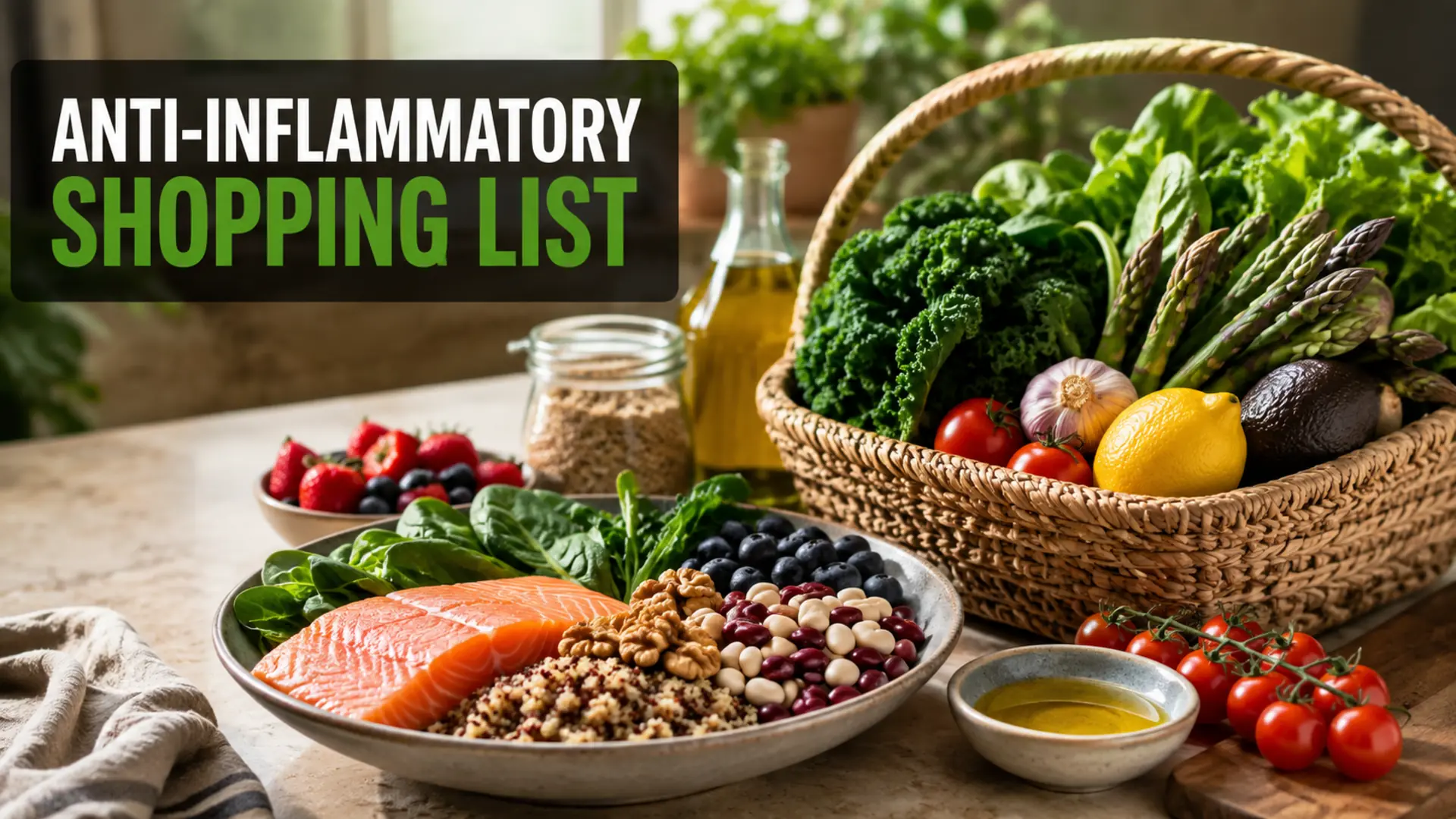 Anti-inflammatory diet shopping list with leafy greens, berries, beans, whole grains, walnuts, olive oil and salmon