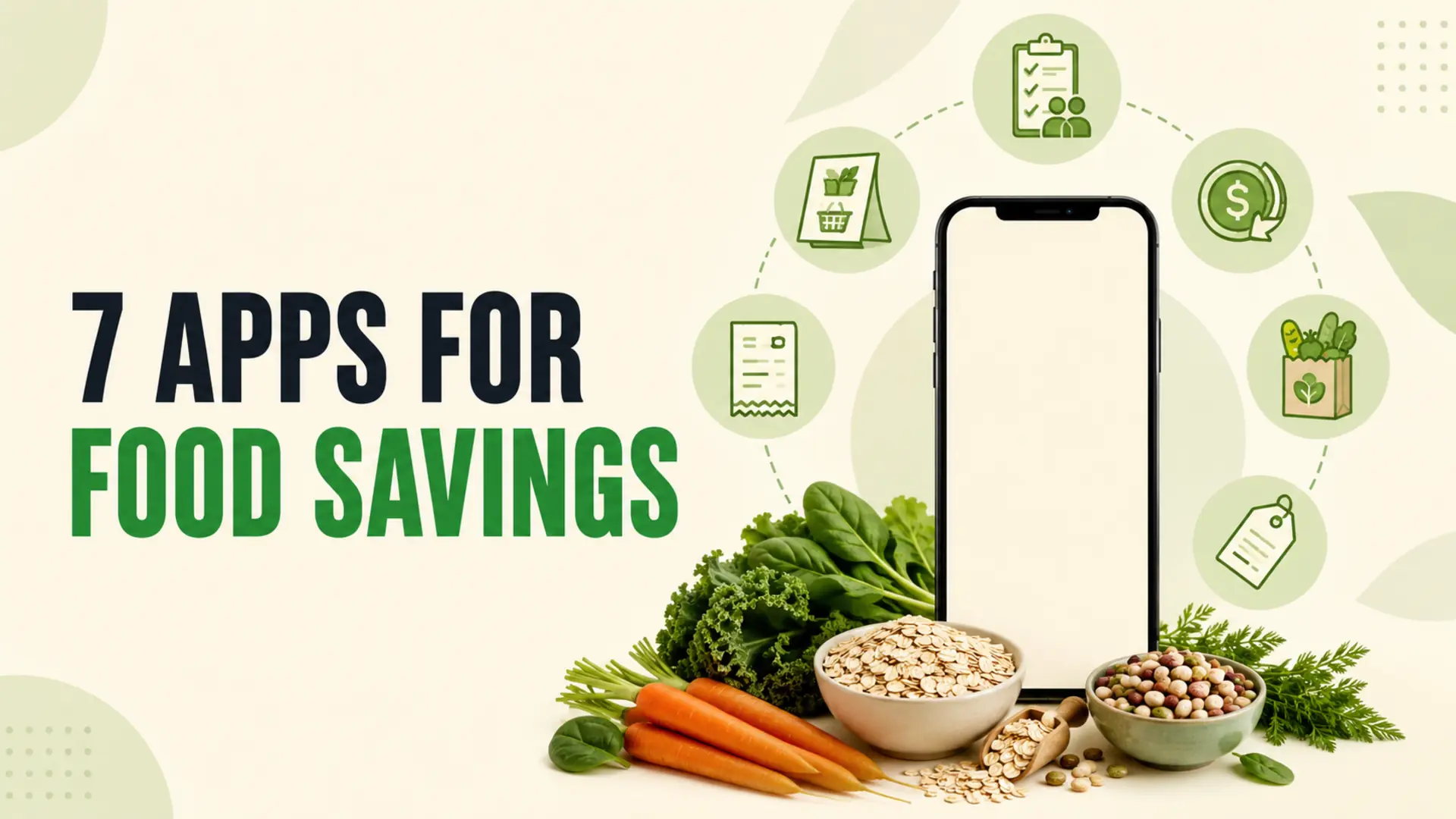 Apps to save money on groceries represented by a blank phone, receipt, flyer, price tag, shared list and healthy staples