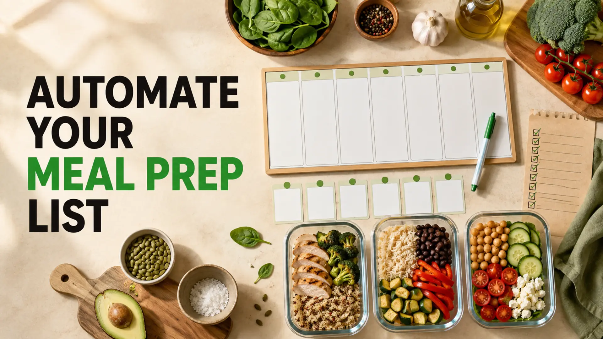 Weekly meal planner, prepared meals and grocery checklist for automating a meal prep shopping list
