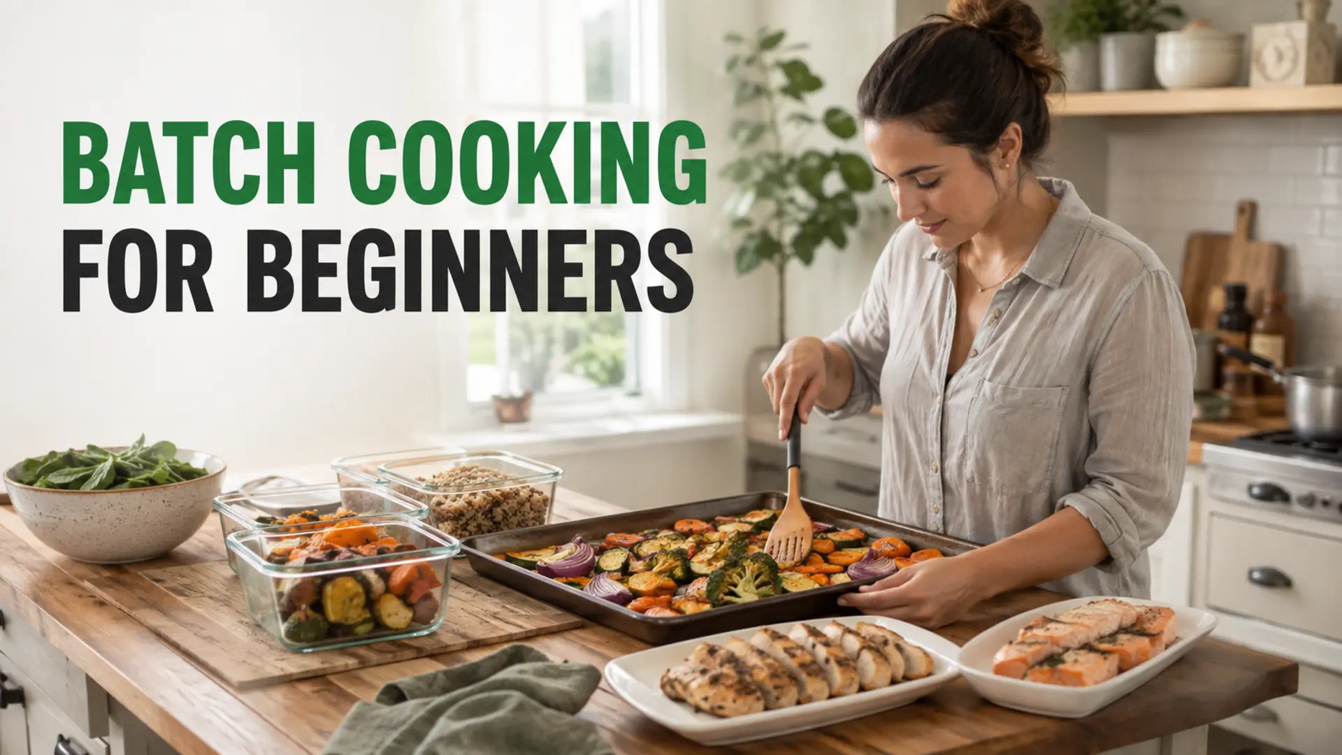 Home cook preparing roasted vegetables, grains and proteins for beginner batch cooking