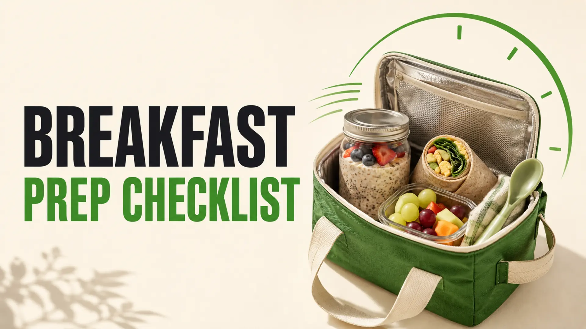 Breakfast prep checklist with overnight oats, a whole-grain wrap and fruit packed in a reusable breakfast bag