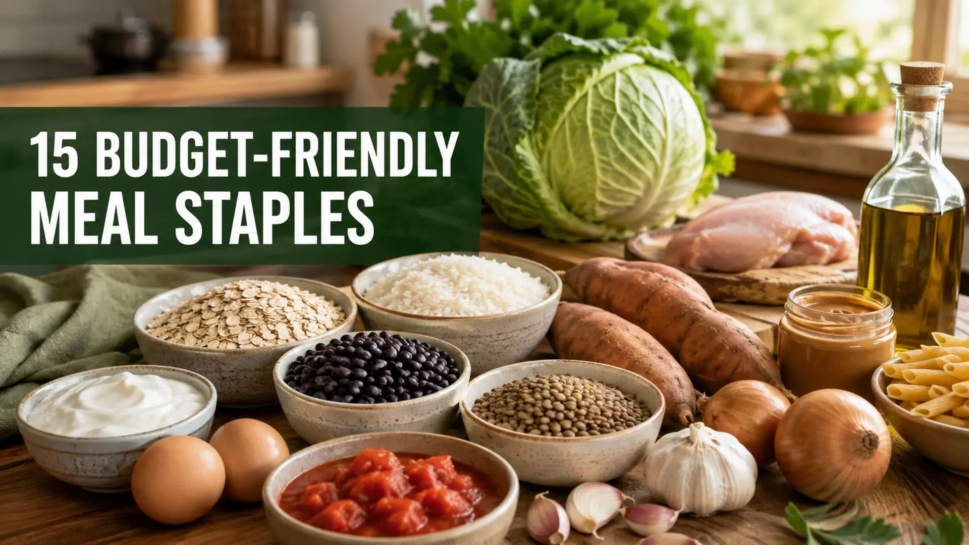 Budget-friendly meal staples including eggs, rice, oats, black beans, lentils, sweet potatoes, cabbage, pasta, tomatoes and yogurt