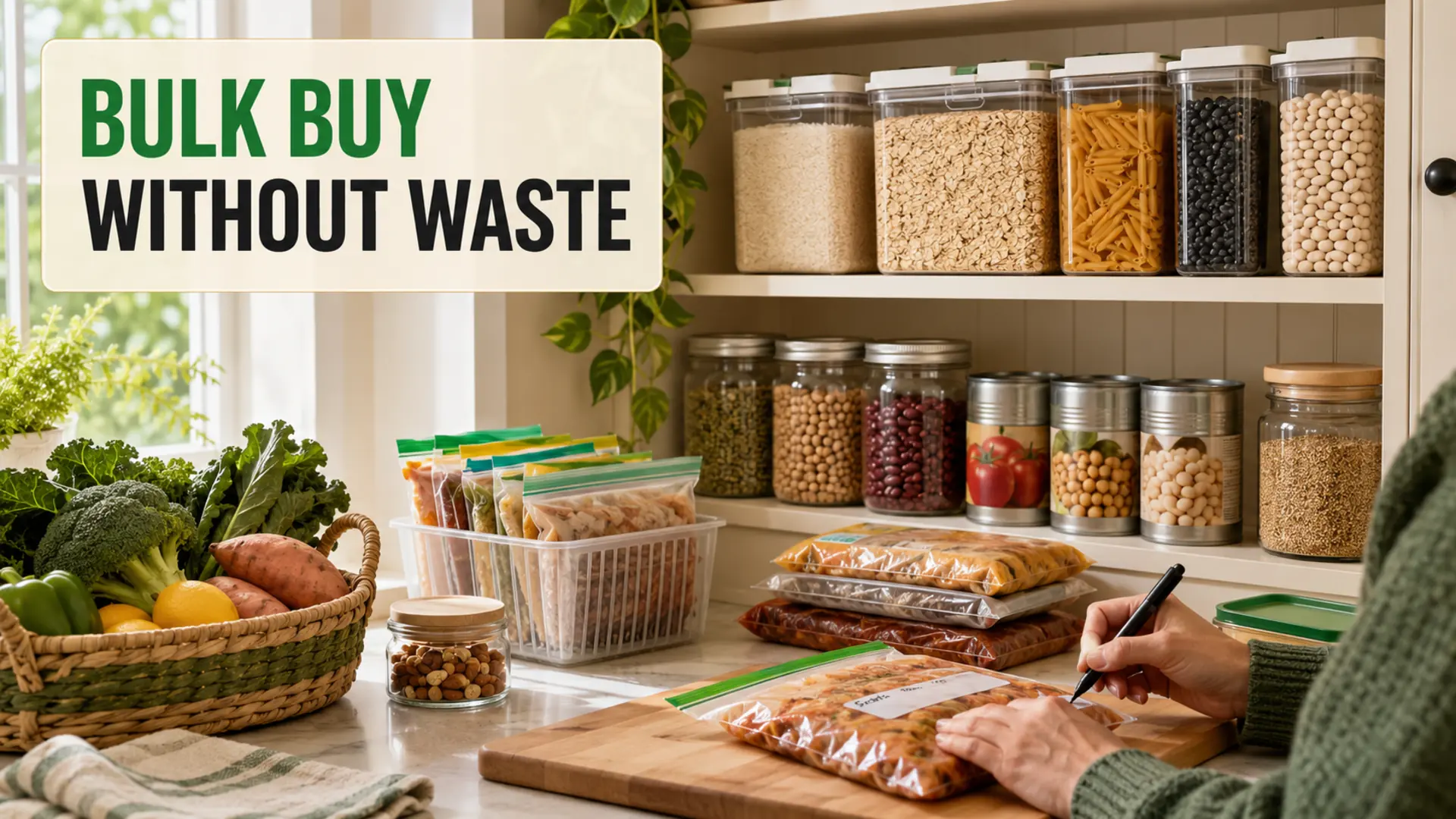 Bulk buying groceries without waste using organized pantry containers and labelled freezer portions