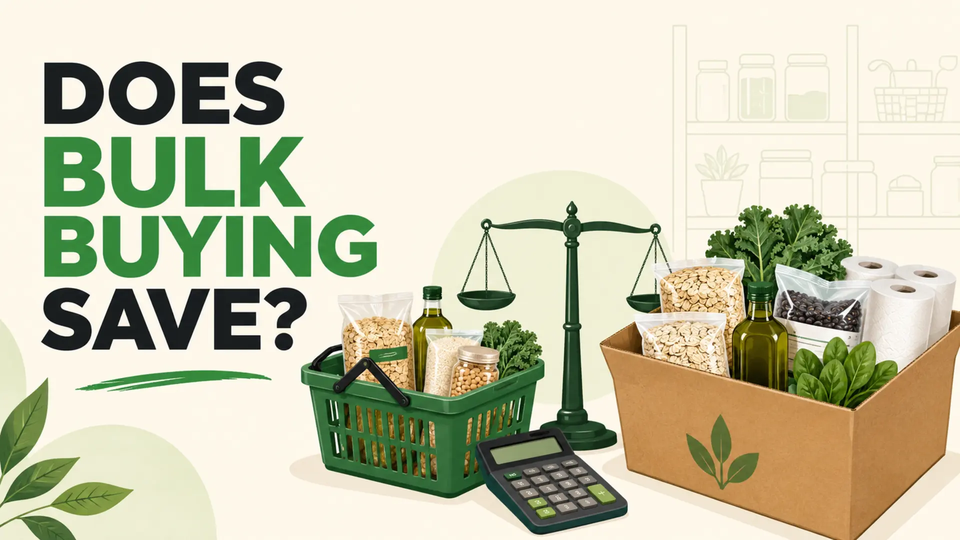 Bulk buying math comparison between a regular grocery basket and a larger box of oats, beans, oil and paper goods