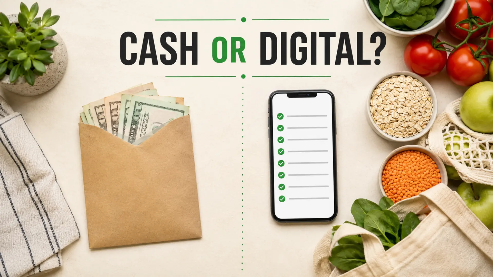 Cash envelope vs digital grocery list with grocery staples, cash budget and a checklist phone