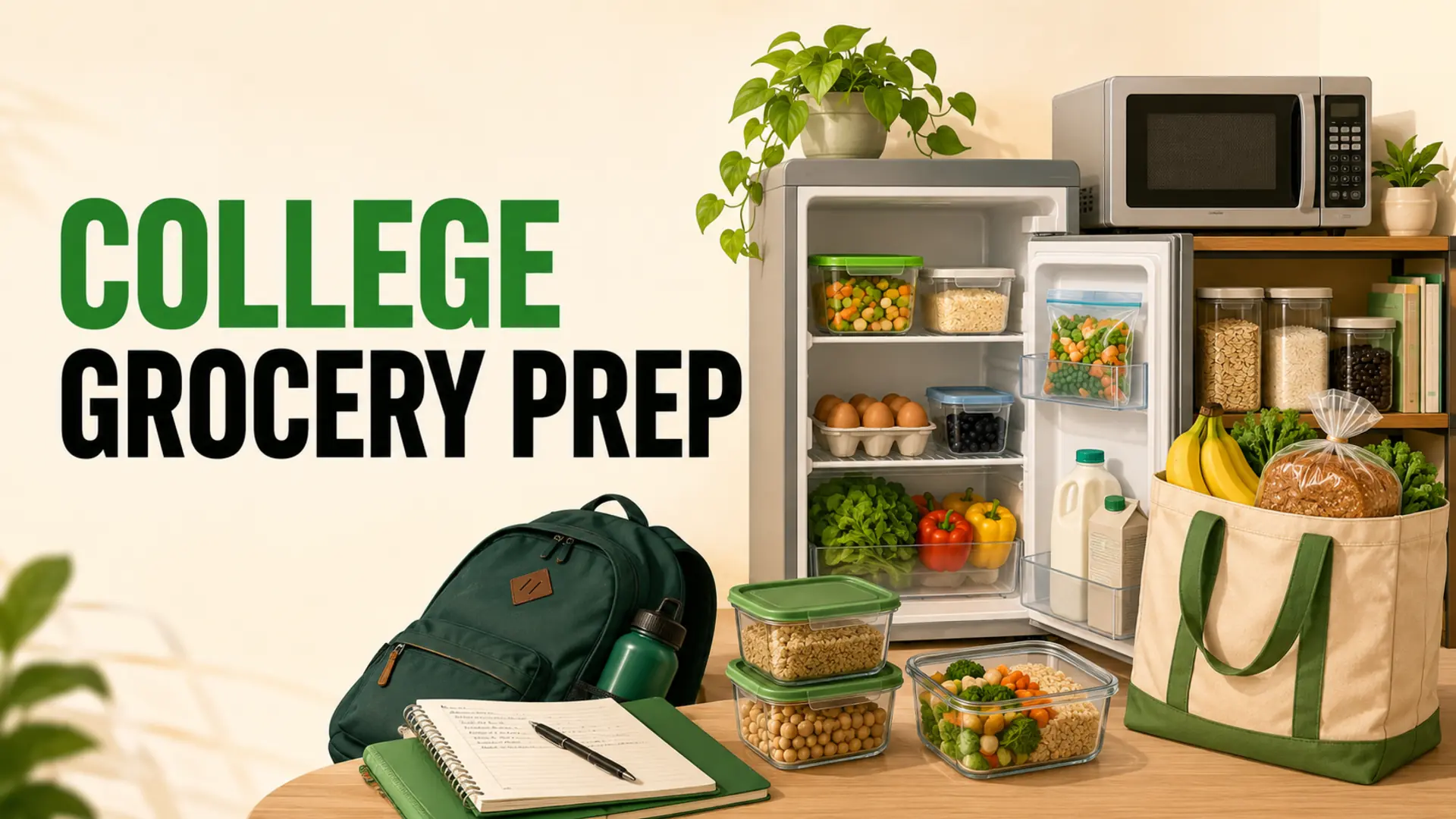 College student grocery prep with a mini-fridge, microwave, flexible staples and prepared meal containers