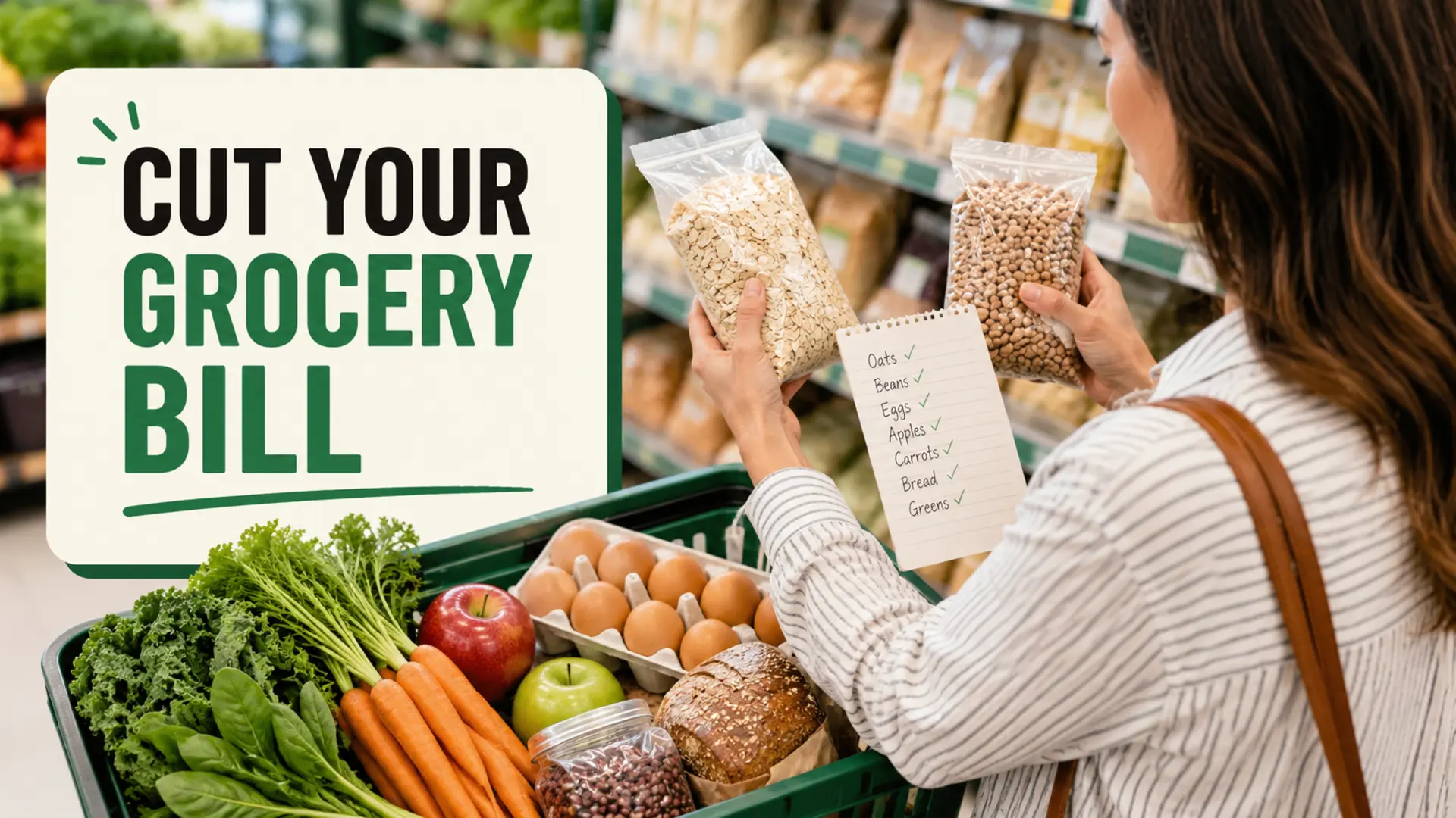 Cut monthly grocery bill while comparing pantry staples with a healthy grocery basket