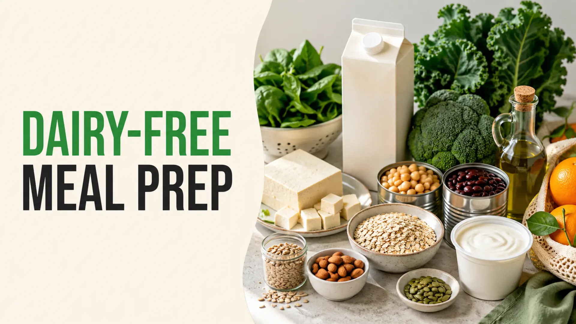 Dairy-free meal prep groceries with tofu, plant beverage, beans, oats, nuts and vegetables