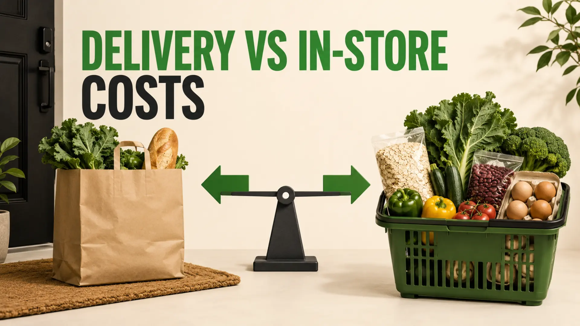 Delivery vs in-store grocery costs compared with a doorstep grocery bag, balanced scale and healthy supermarket basket