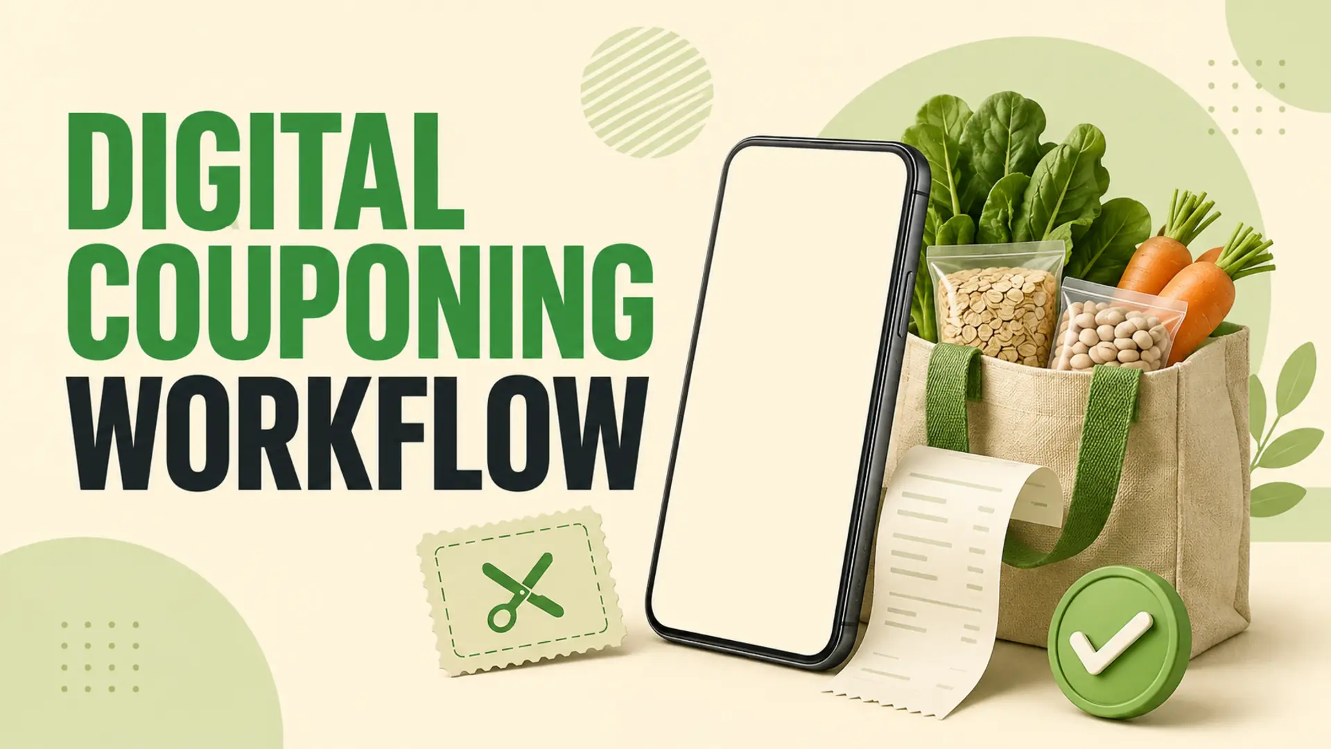 Digital couponing workflow with a blank phone, grocery receipt, coupon symbol and reusable bag of healthy staples