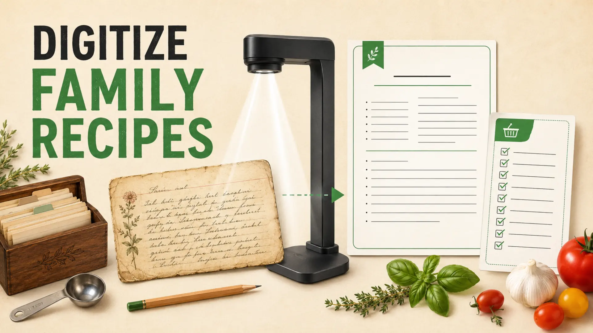 Digitize handwritten recipes using an original family recipe card, scanner and verified grocery checklist