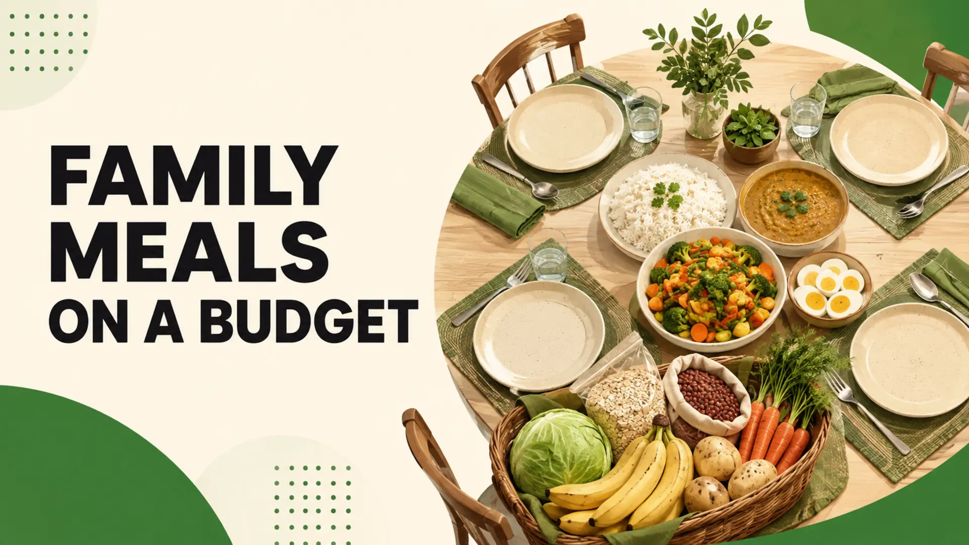 Family of 4 grocery budget with rice, lentils, eggs, vegetables, oats, beans, potatoes, carrots, cabbage and bananas
