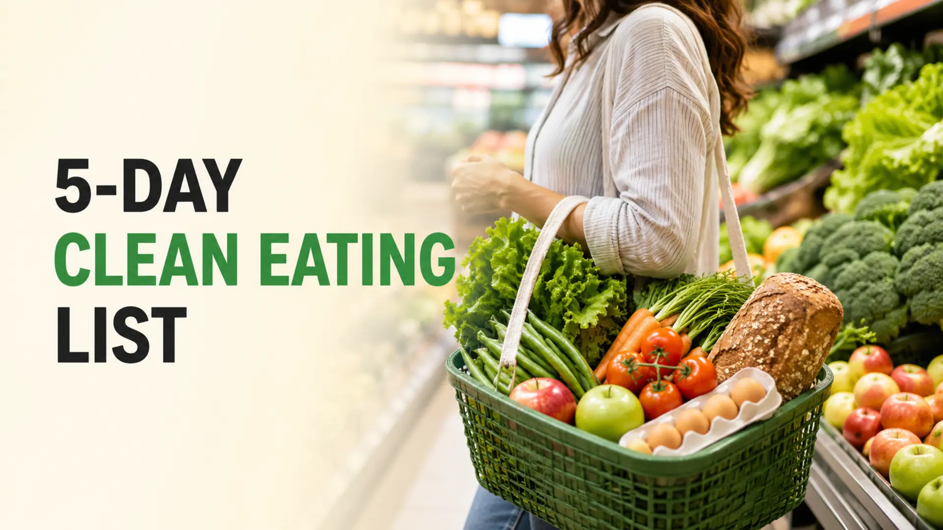 Shopper carrying produce, whole-grain bread and eggs for a 5-day clean eating grocery list
