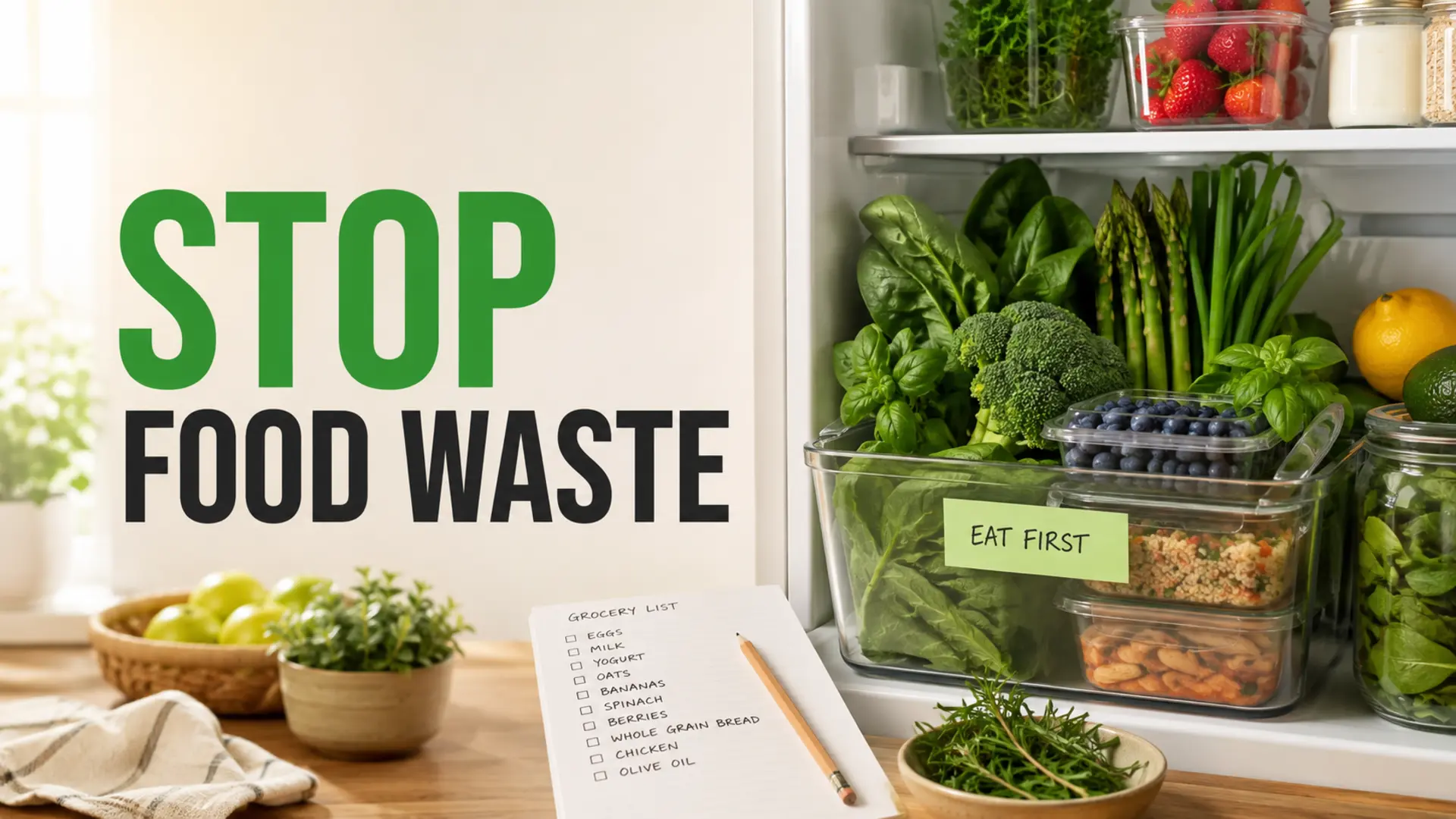 Food waste household budget plan with an eat-first fridge bin, fresh produce and grocery checklist