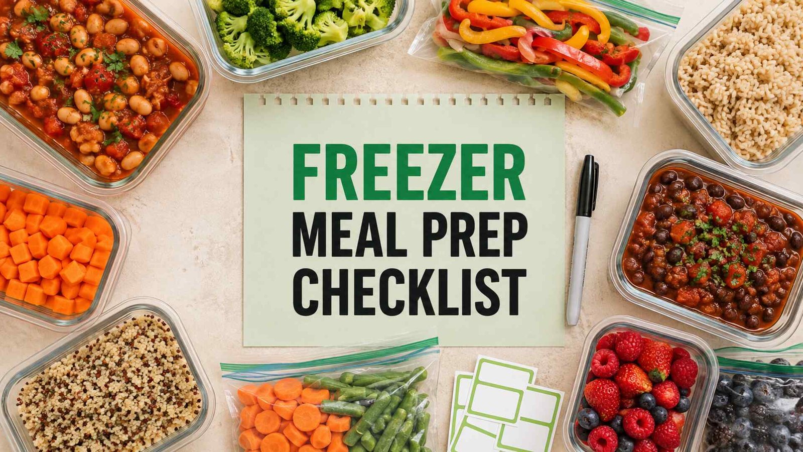 Freezer-safe containers, vegetables and grains arranged around a freezer meal prep checklist