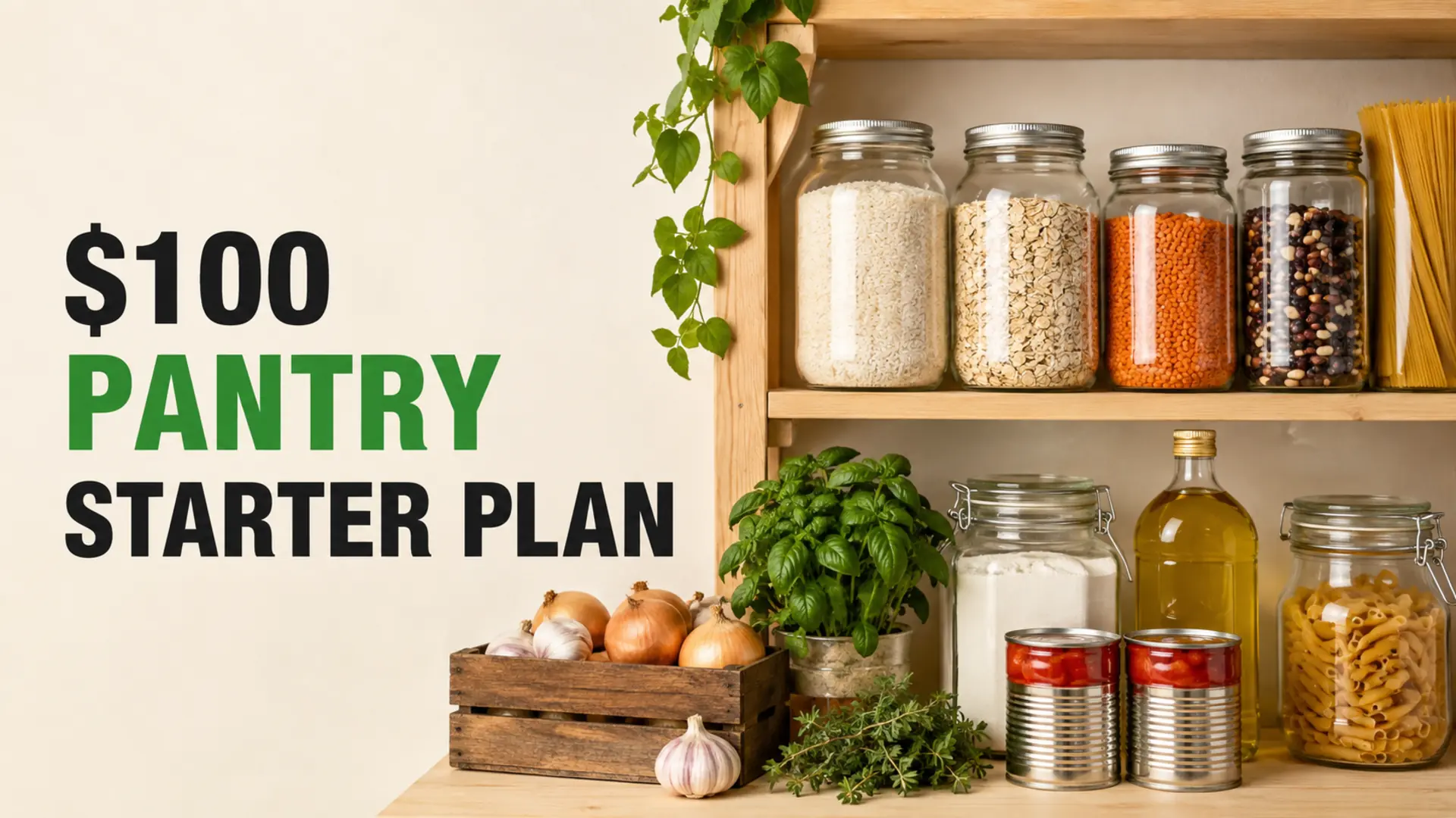 Frugal pantry building with rice, oats, lentils, beans, pasta, canned tomatoes, oil, onions and garlic