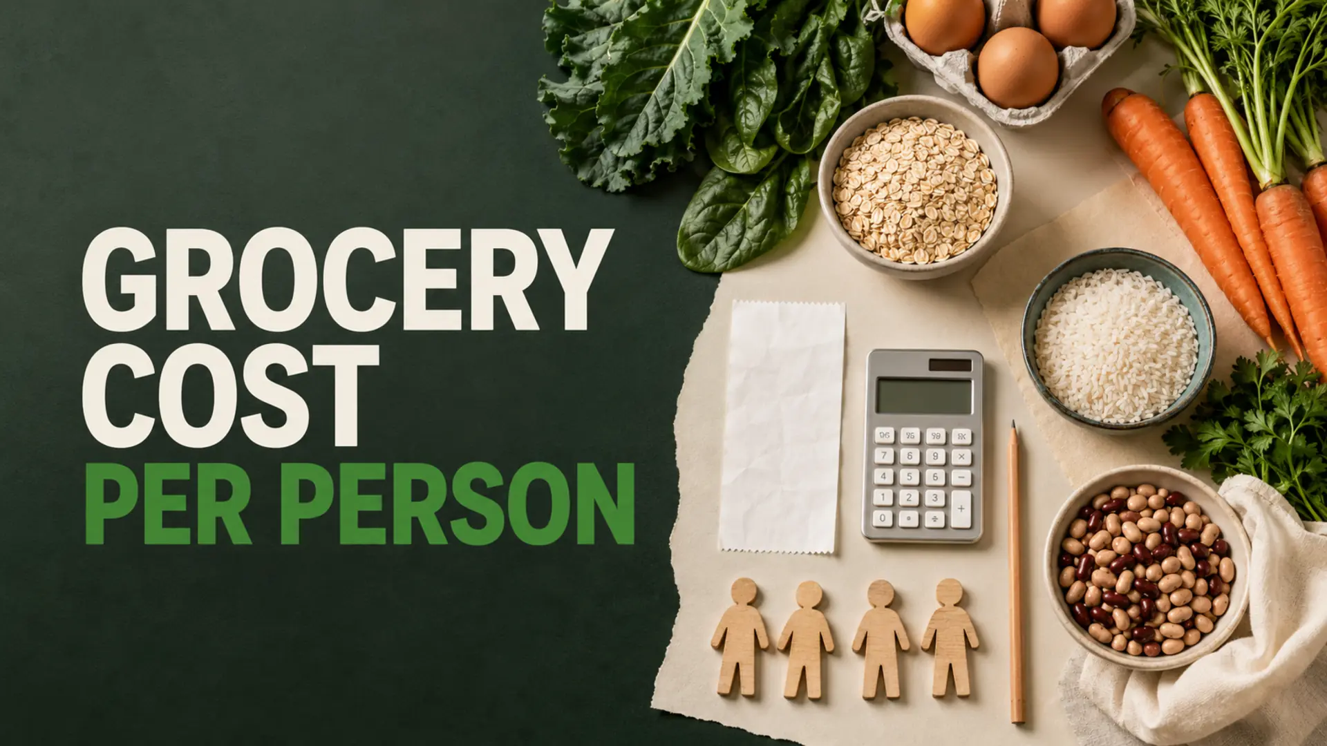Grocery cost per person calculation with a receipt, calculator, four household figures and healthy grocery staples