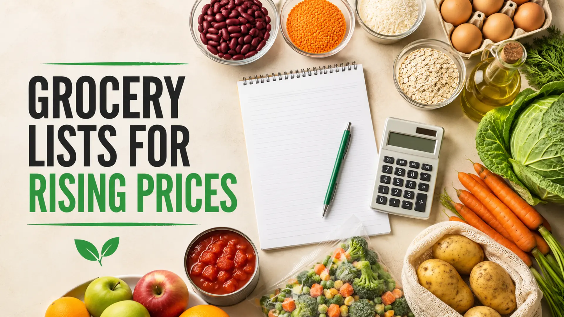 Grocery list for rising prices with a calculator, beans, grains, eggs, vegetables and fruit