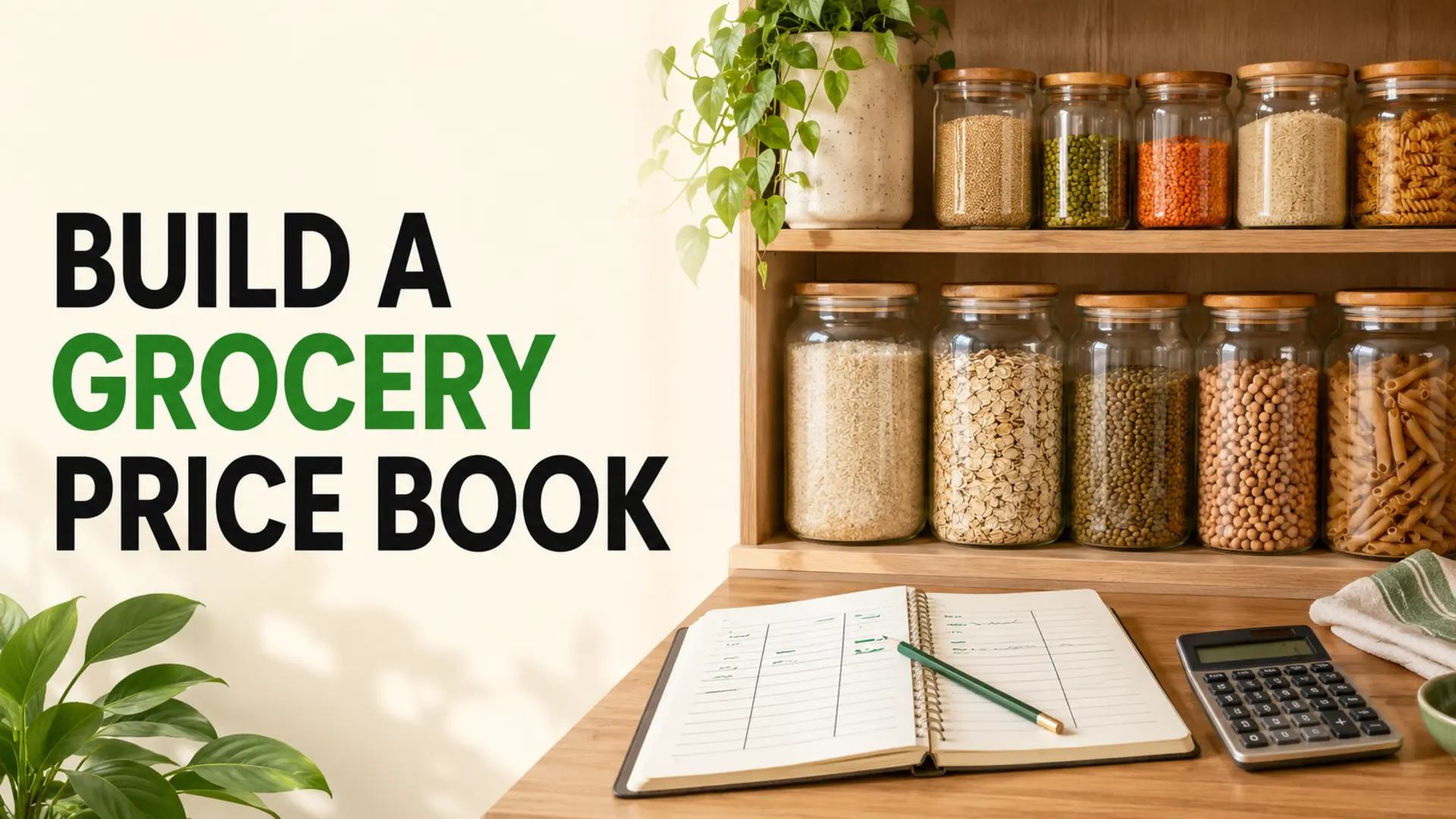 Grocery price book open beside a calculator and an organized pantry of rice, oats, lentils and pasta