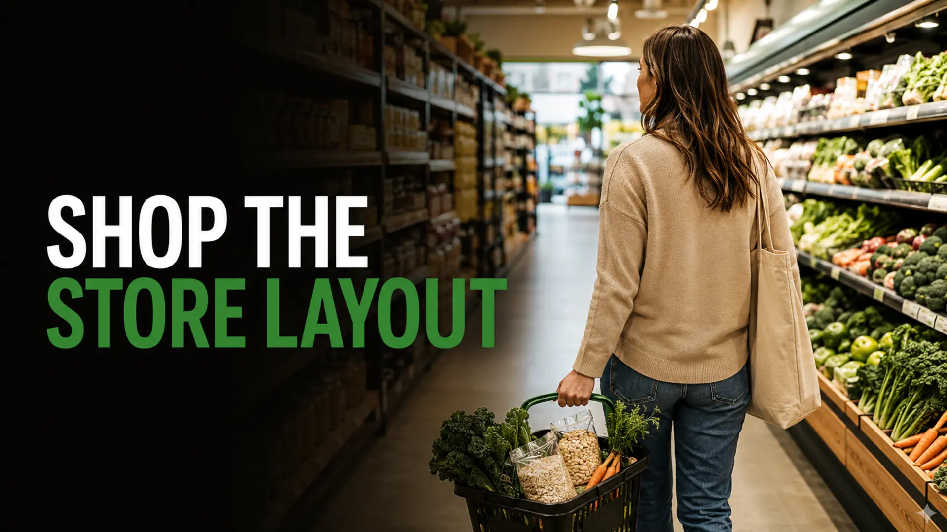 Grocery store layouts with a shopper following a focused list through a produce and pantry aisle