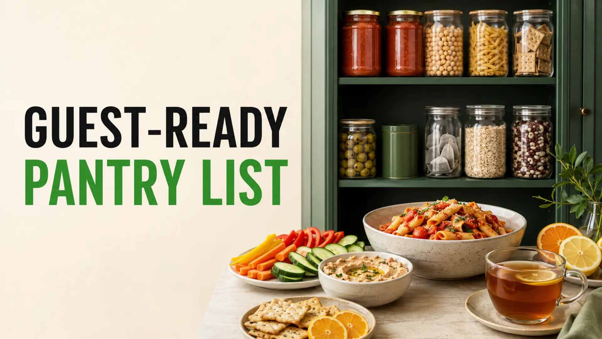 Stocked pantry list with pasta, beans, oats, crackers, vegetables and a simple guest meal