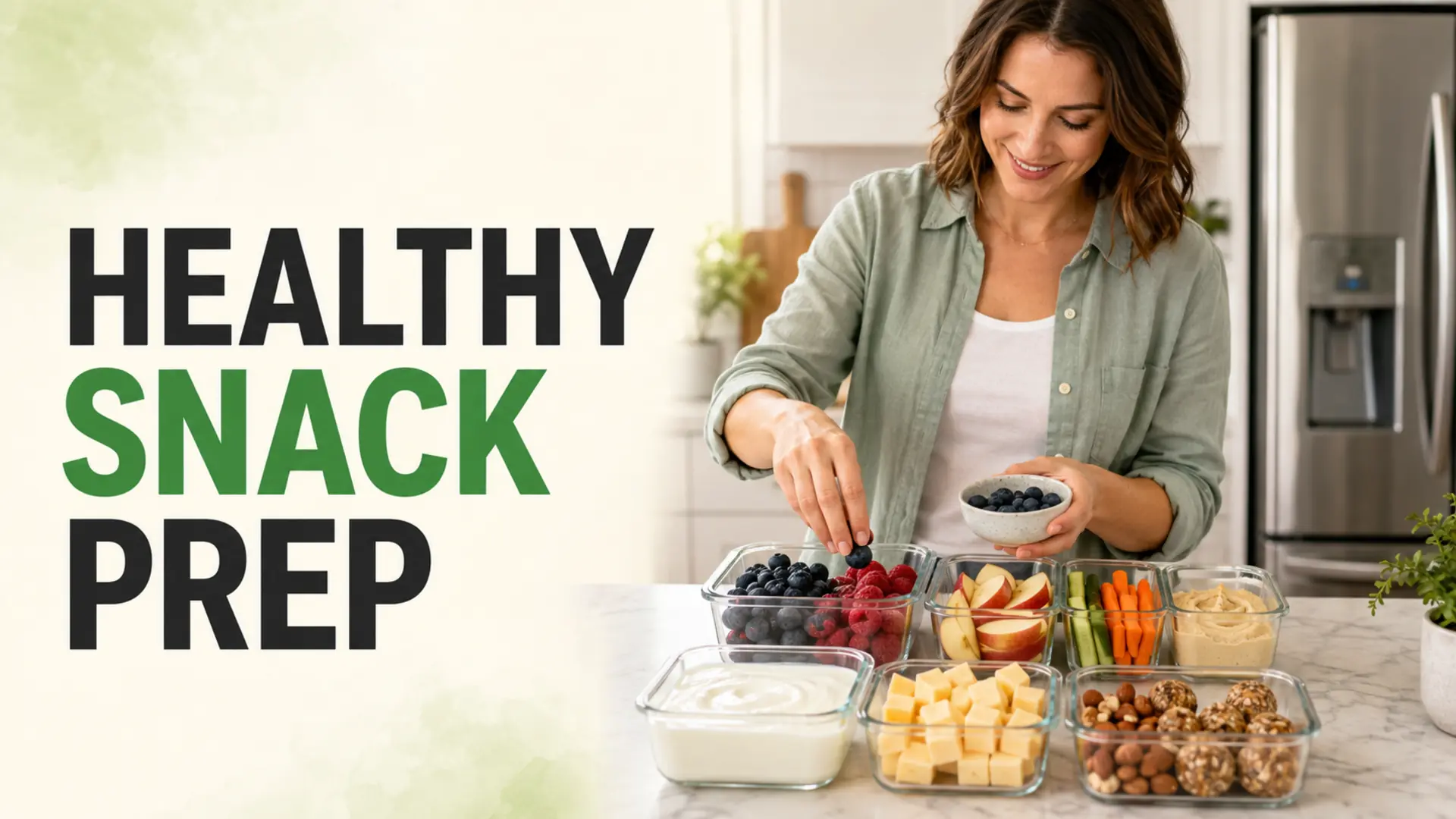 Home cook portioning fruit, vegetables, yogurt, cheese, nuts, and oat bites for healthy snack prep