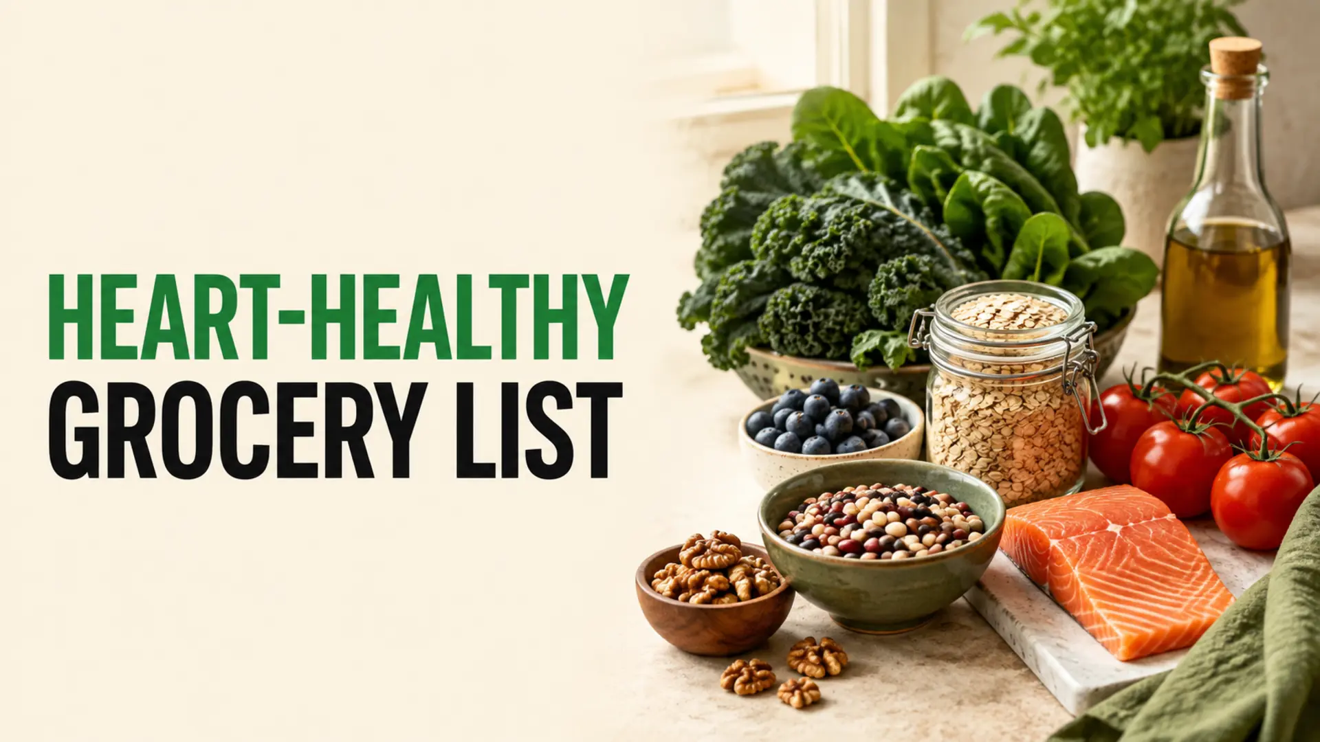 Heart-healthy grocery list with leafy greens, oats, beans, berries, walnuts, olive oil and salmon