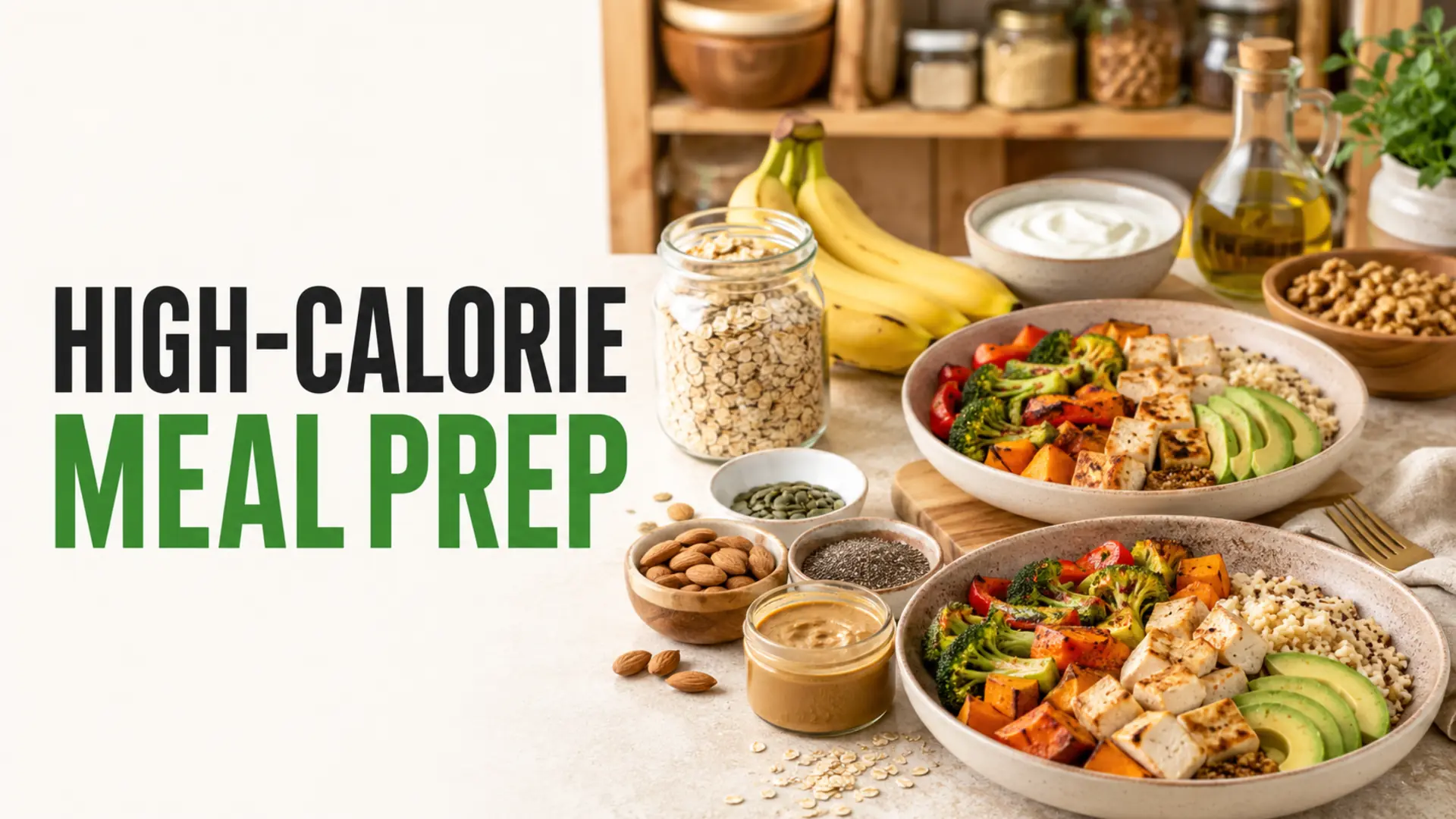 High-calorie meal prep with grain bowls, tofu, vegetables, avocado, oats, bananas, nuts and olive oil