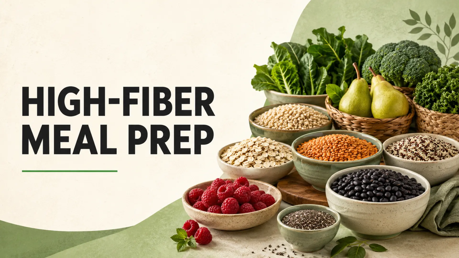 High-fiber meal prep ingredients including beans, lentils, whole grains, berries, pears and greens