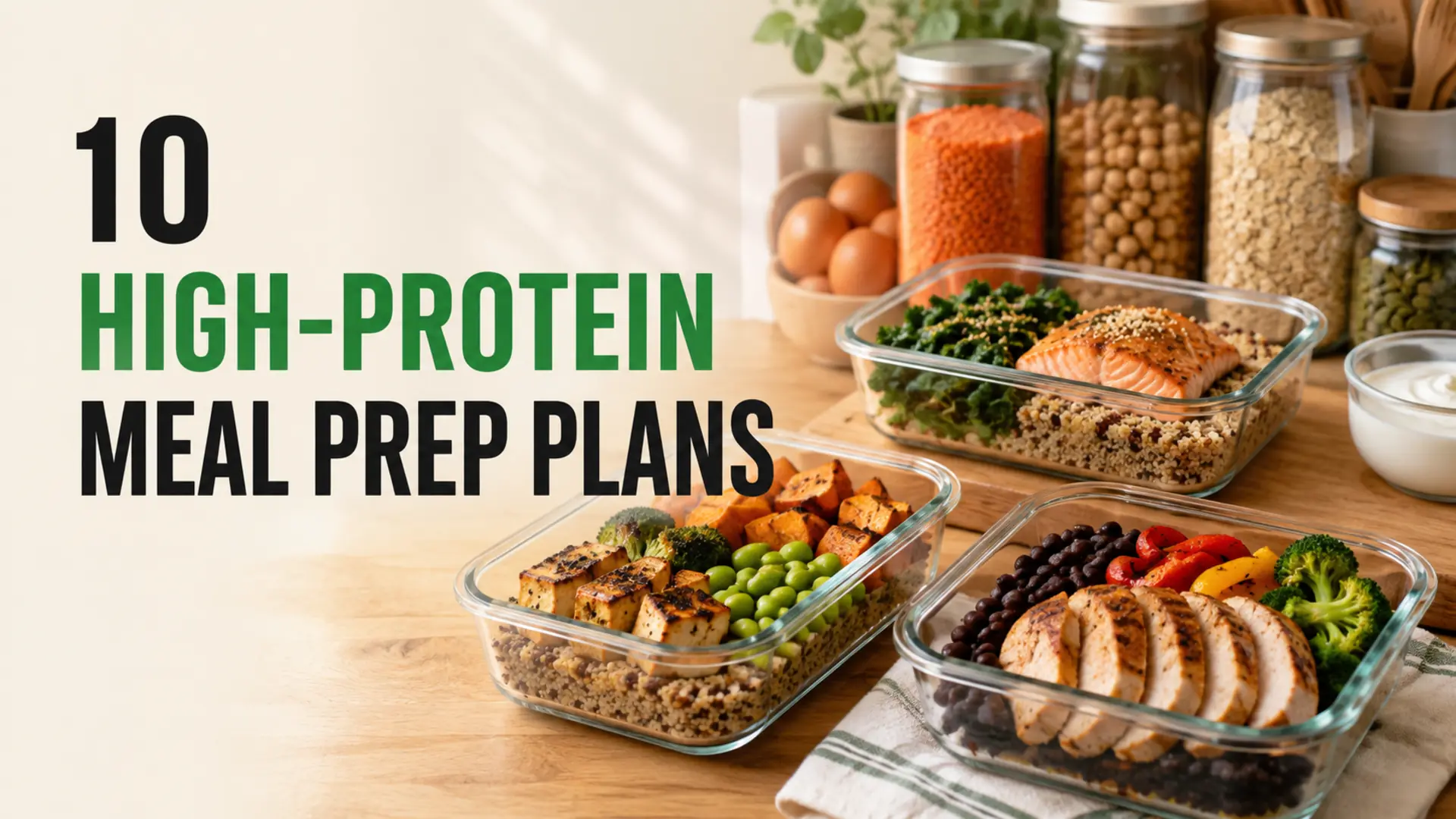 Chicken, salmon, tofu, beans and grains arranged for high-protein meal prep plans