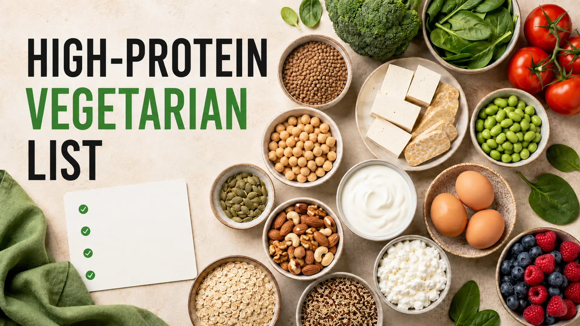 High-protein vegetarian shopping list with lentils, chickpeas, tofu, tempeh, eggs, dairy, nuts and vegetables