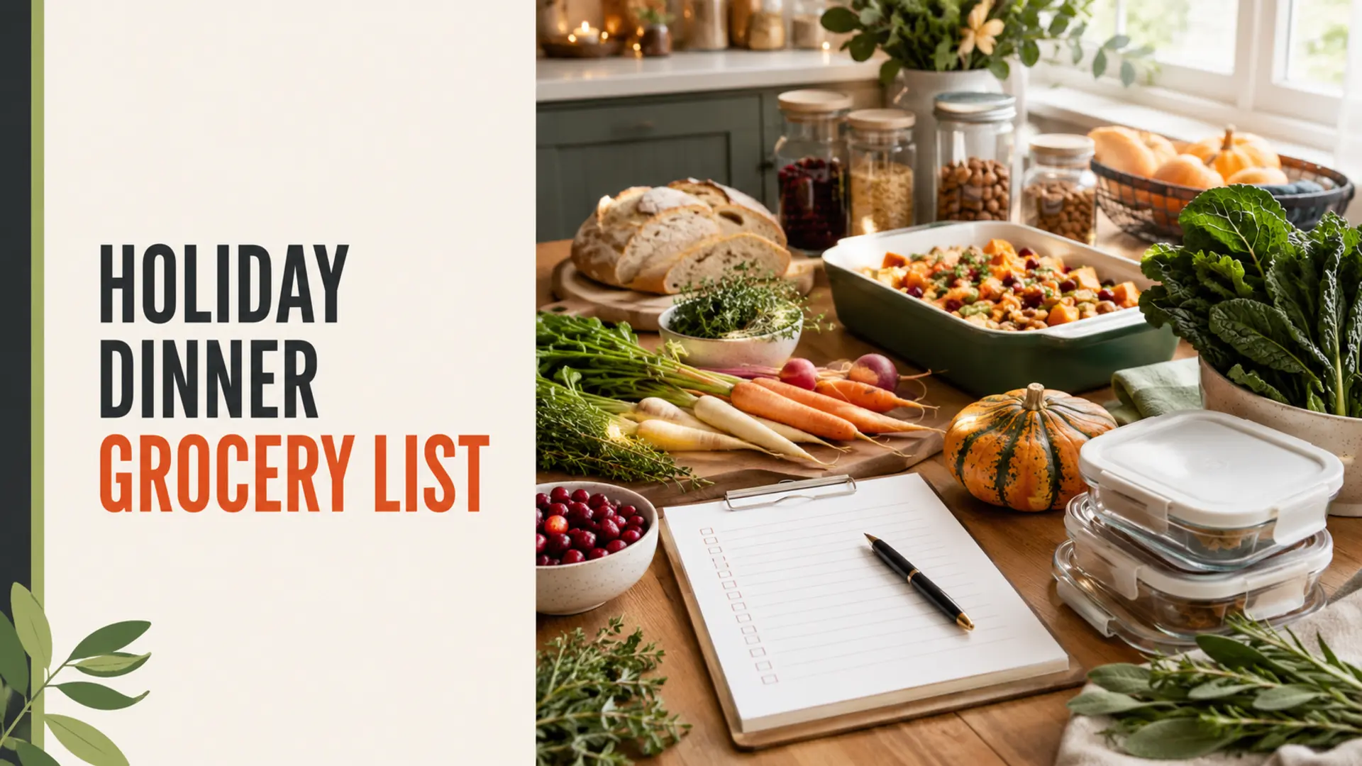 Holiday dinner grocery list with vegetables, bread, pantry staples, meal containers and an organized checklist