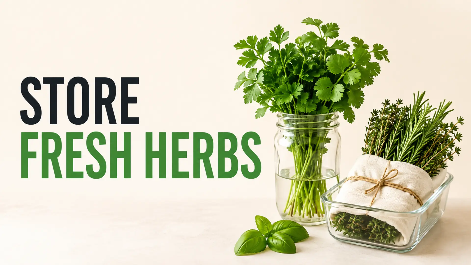 How to store fresh herbs using a water jar and wrapped refrigerator container