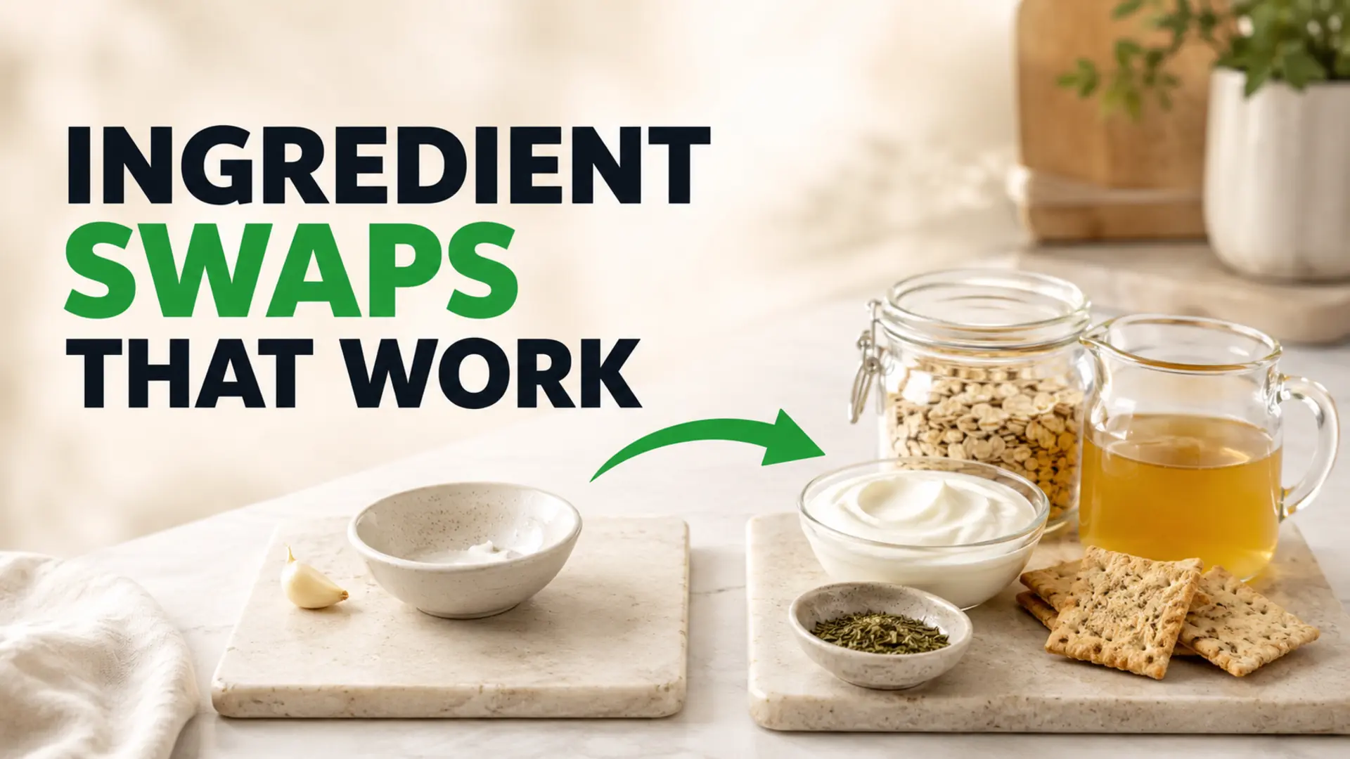Pantry ingredients, yogurt, oats, broth and crackers arranged as practical ingredient swaps