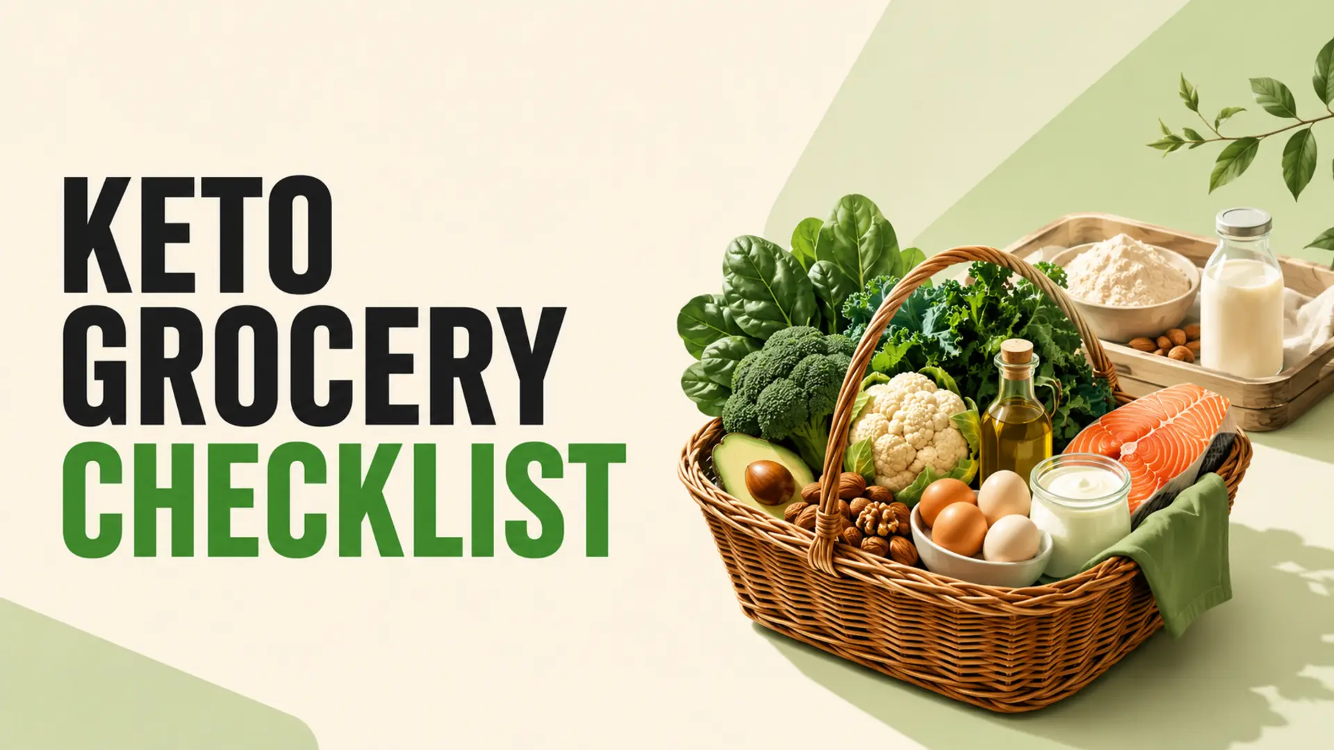 Vegetables, eggs, salmon, yogurt, nuts and olive oil arranged for a practical keto grocery checklist