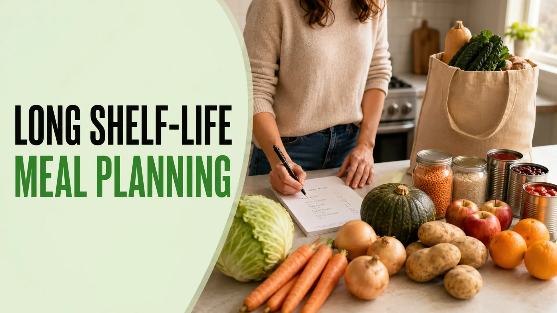 Long shelf-life meal planning with cabbage, carrots, potatoes, squash, fruit, grains and canned staples