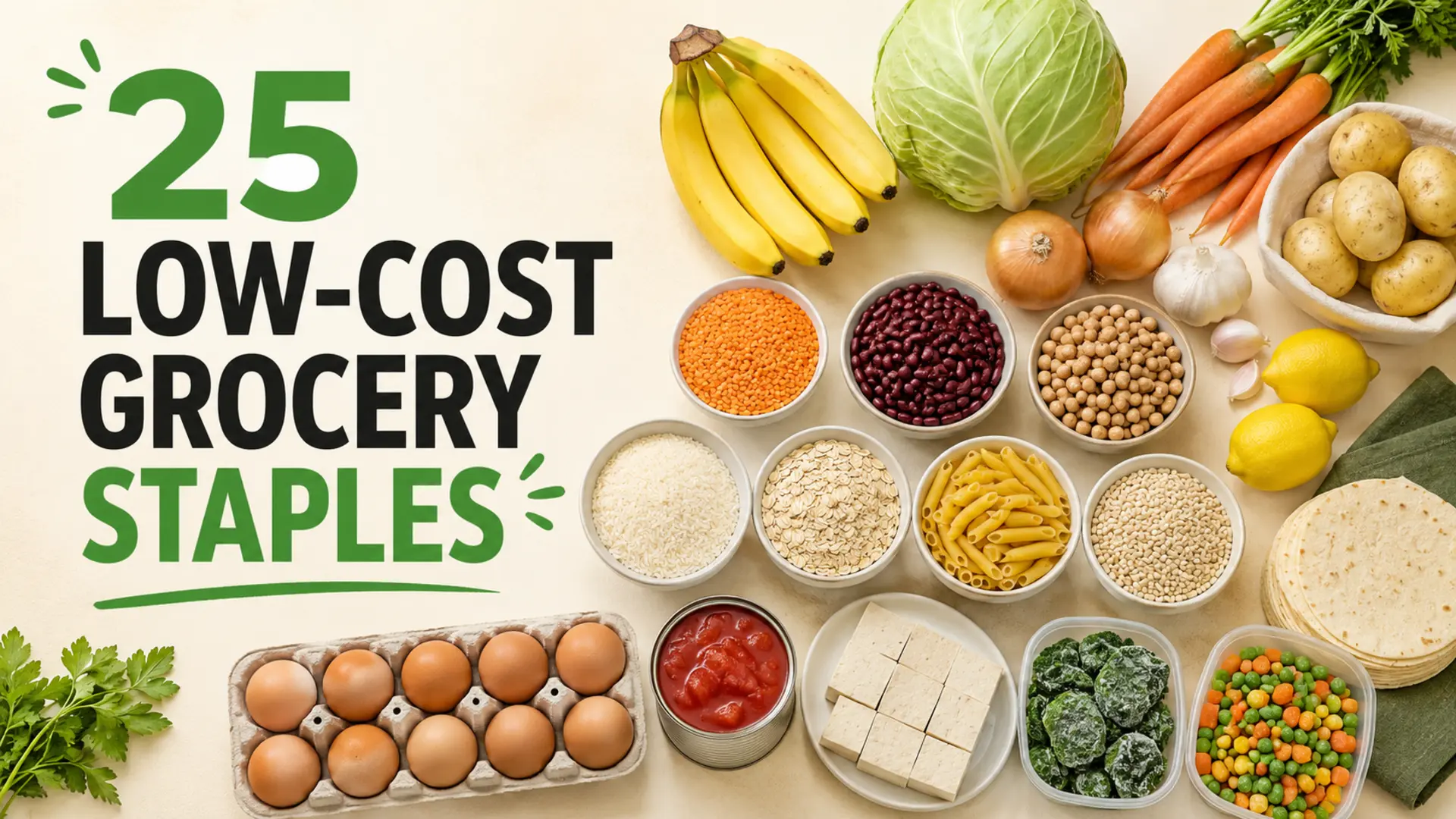 Low-cost grocery staples including bananas, cabbage, carrots, potatoes, lentils, beans, rice, oats, pasta, eggs, tofu and frozen vegetables