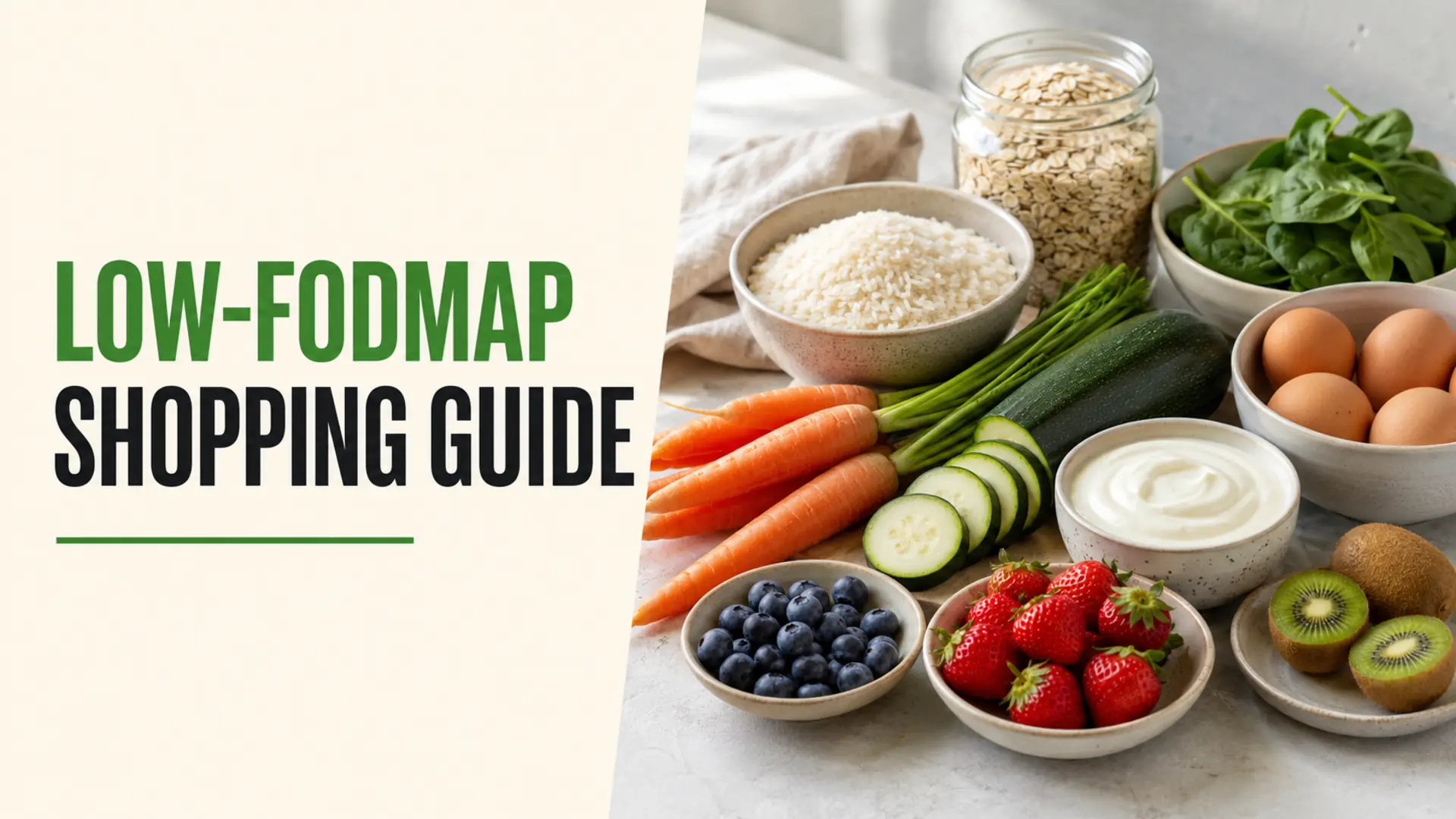 Rice, oats, vegetables, fruit, eggs and yogurt arranged for a portion-aware low-FODMAP shopping list