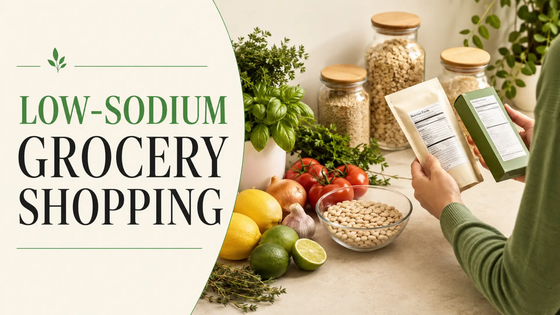 Low-sodium grocery shopping strategy with label comparison, beans, grains, herbs and produce