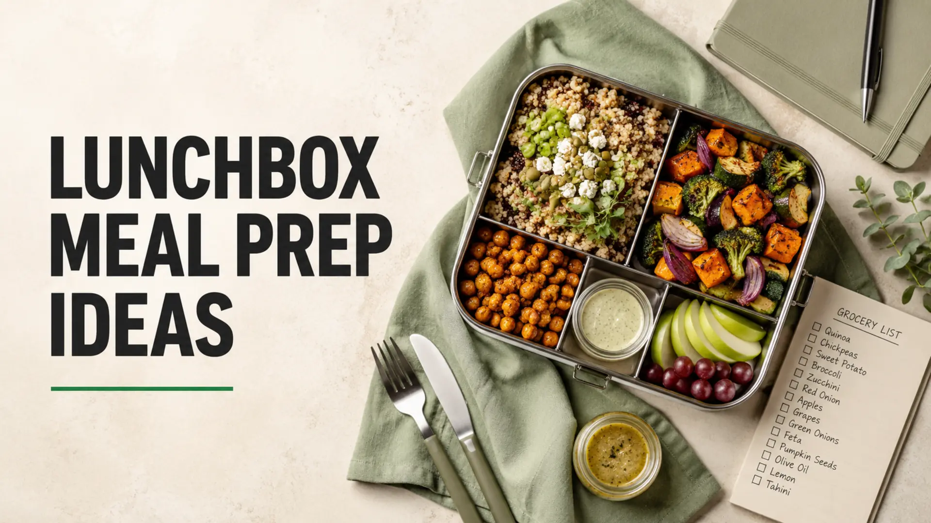 Healthy lunchbox meal prep ideas with a grain bowl, roasted vegetables, chickpeas and fruit
