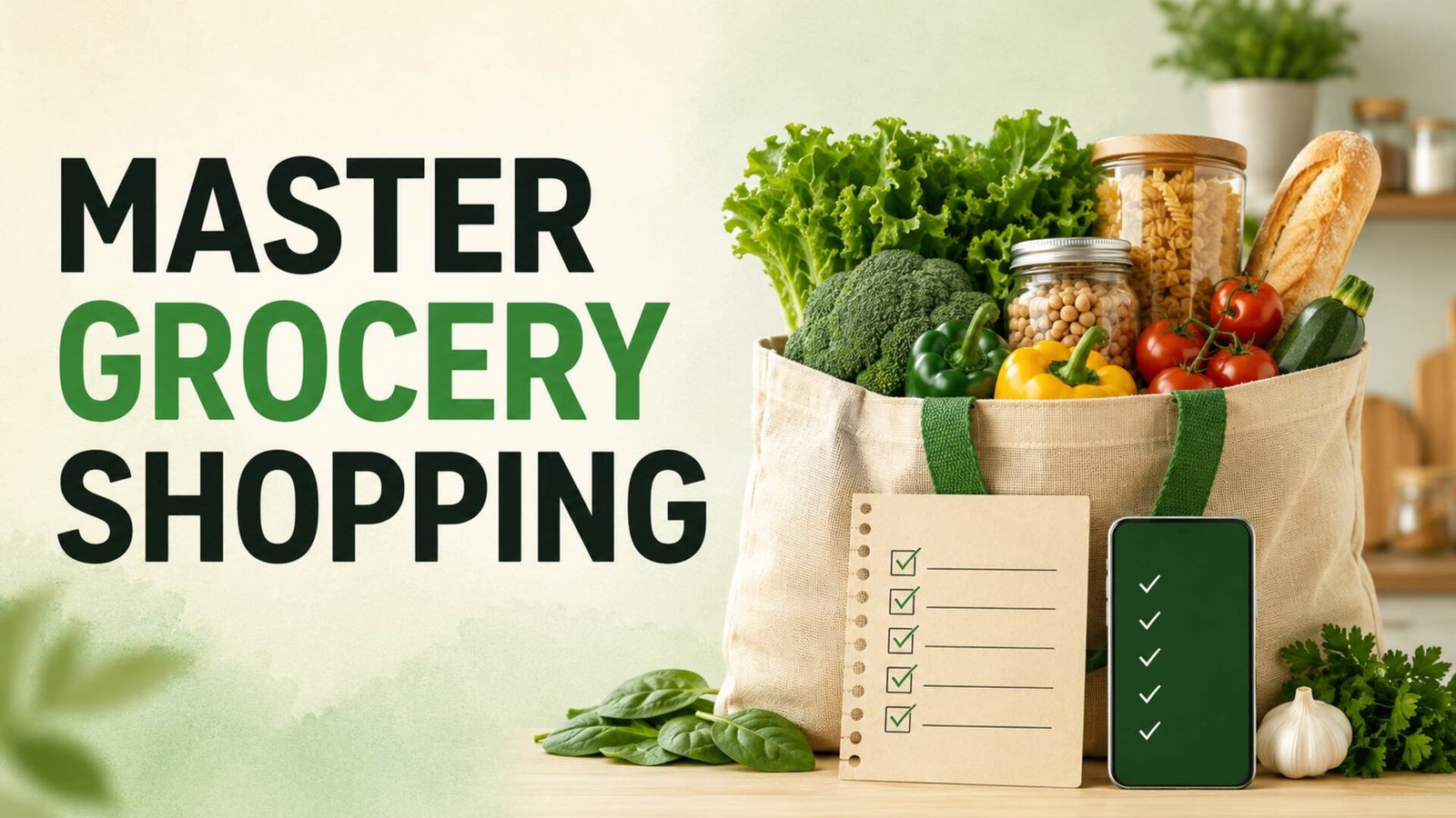 Organized grocery bag, checklist and smartphone for mastering grocery shopping