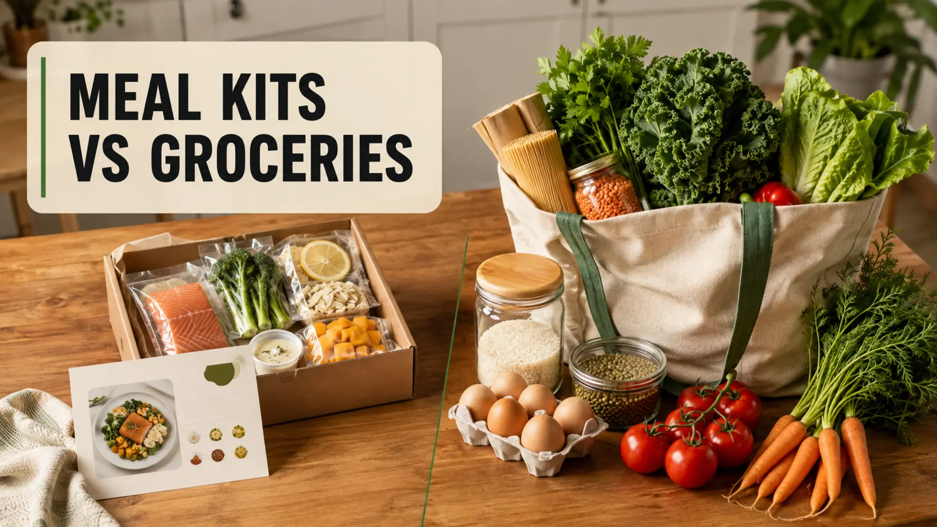 Meal kit delivery vs grocery shopping with pre-portioned ingredients beside a reusable bag of healthy staples
